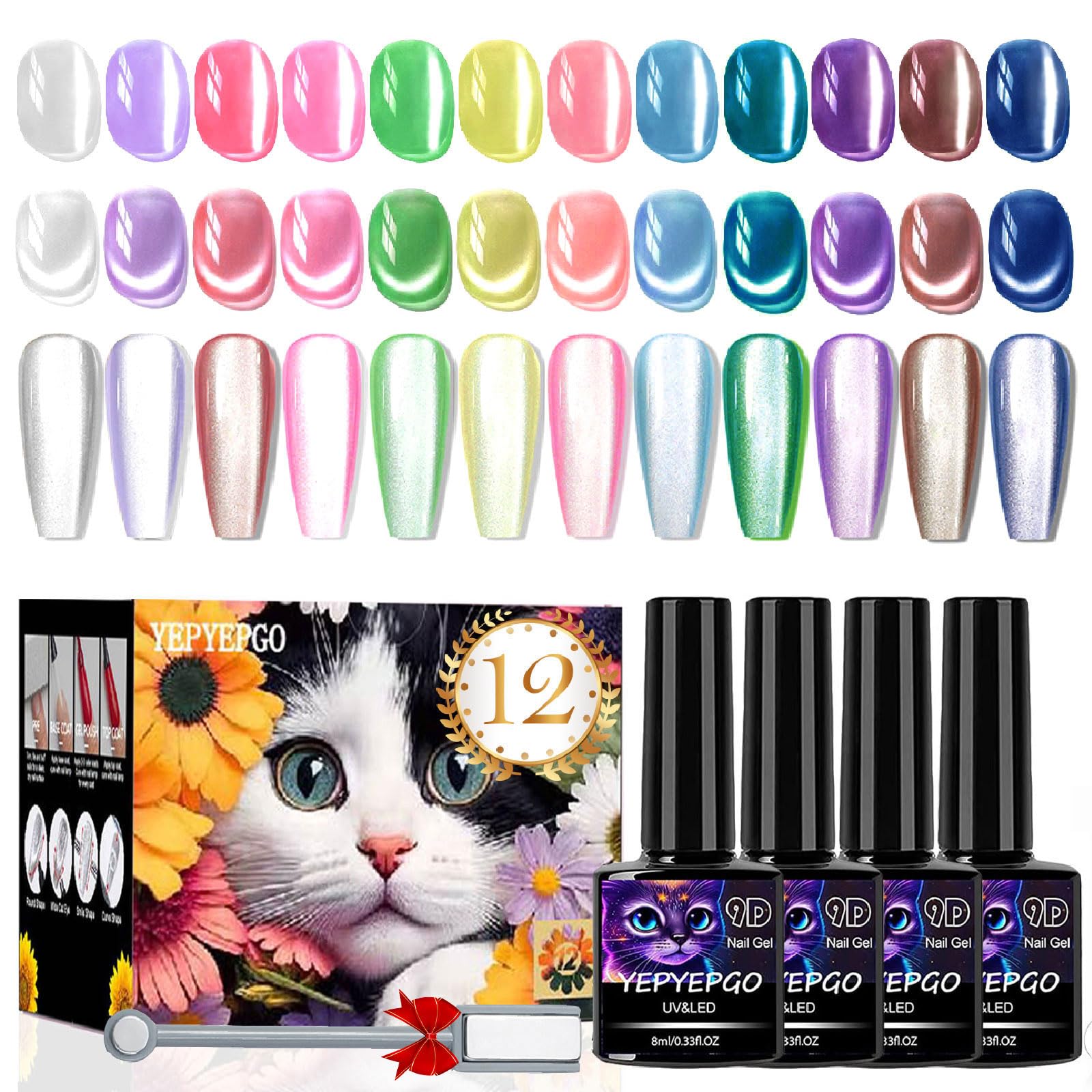 Glass Cat Eye Gel Nail Polish Set 12 Colors, Ceramic Magnetic Cats Gel Polish with Magnet Stick, Jelly Silk Velvet Crystal Effect Sock Off Nail Art Salon Home Manicure Gift Kit for Women