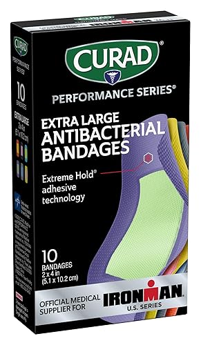 Curad Performance Series Ironman XL - Vendajes antibacterianos tecnología adhesiva de sujeción extrema vendas de tela 10 unidades