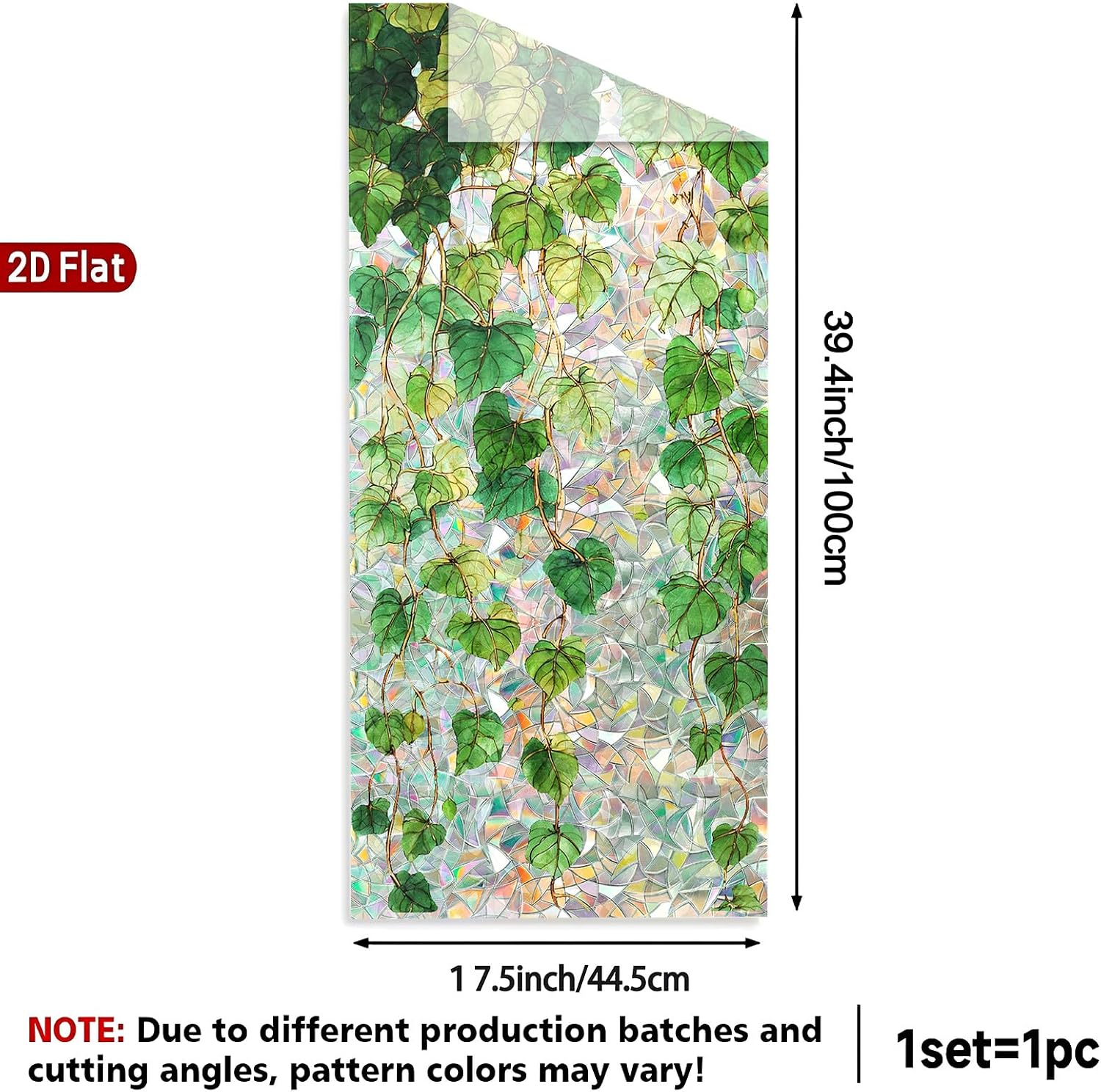Window Privacy Film Rainbow, Decorative Window Sticker Static Cling Stained Glass Cling, Removable No Glue Green Ivy Window Film for Bathroom Bedroom Glass Door 17.5 x 39.3 inch