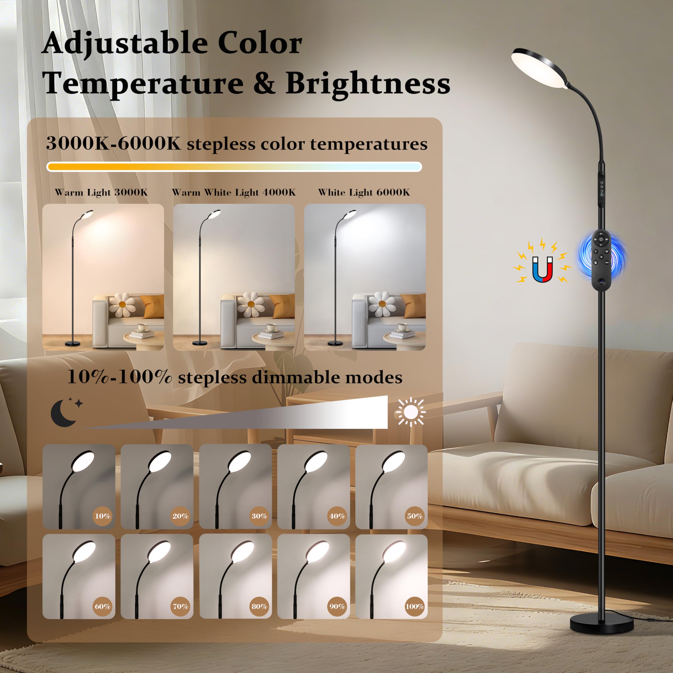 Stehlampe für den Innenbereich, 240 LEDs, augenschonend, höhenverstellbar, Fernbedienung & Touch-Steuerung, dimmbar, flexibler Schwanenhals mit Ständer, Leselampe für Wohnzimmer, Schlafzimmer, Büro