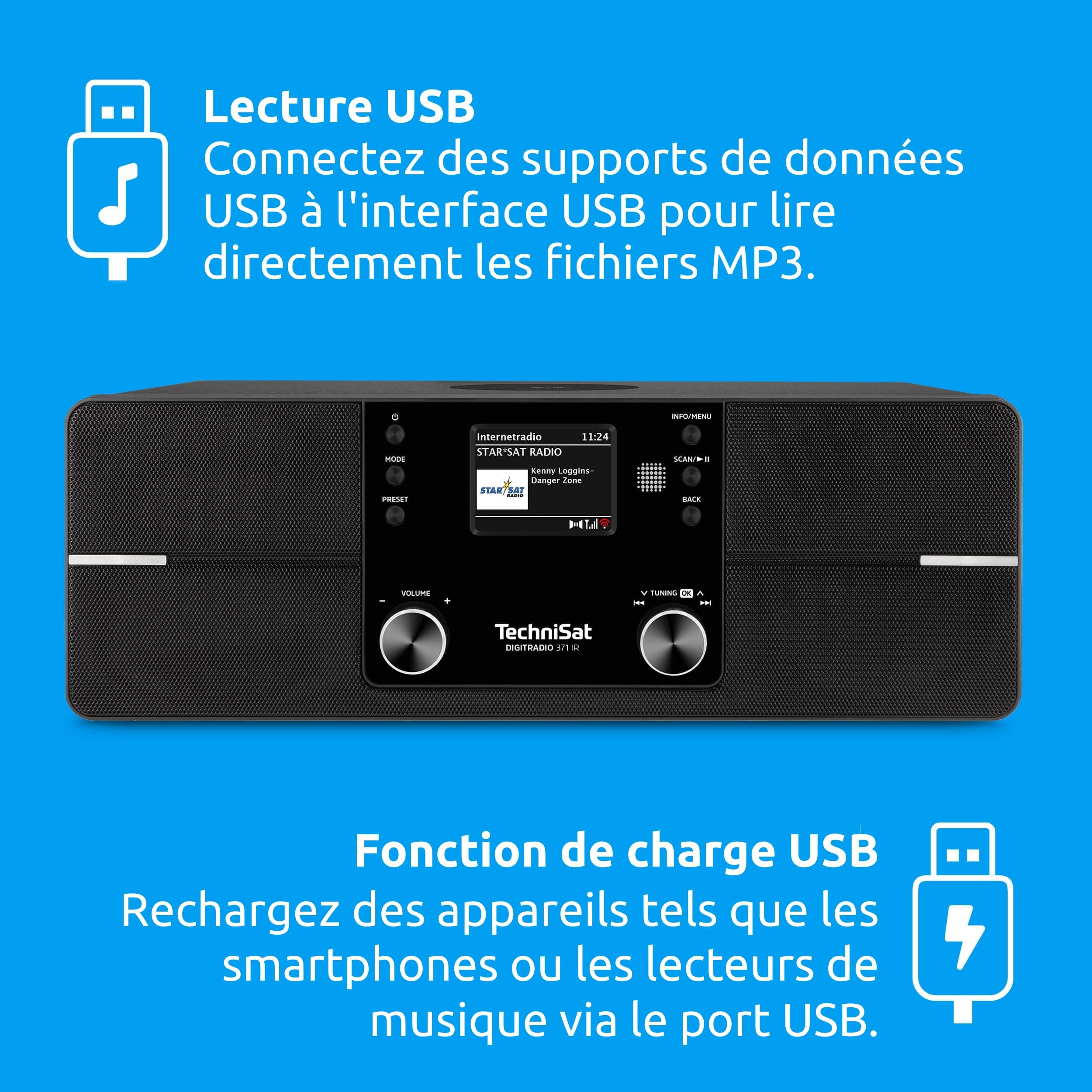 TechniSat DIGITRADIO 371 IR - Radio Internet avec charge sans fil (DAB+, FM, WLAN, réception Bluetooth, écran couleur, USB, AUXin, réveil, 10 W, commande par application/télécommande)