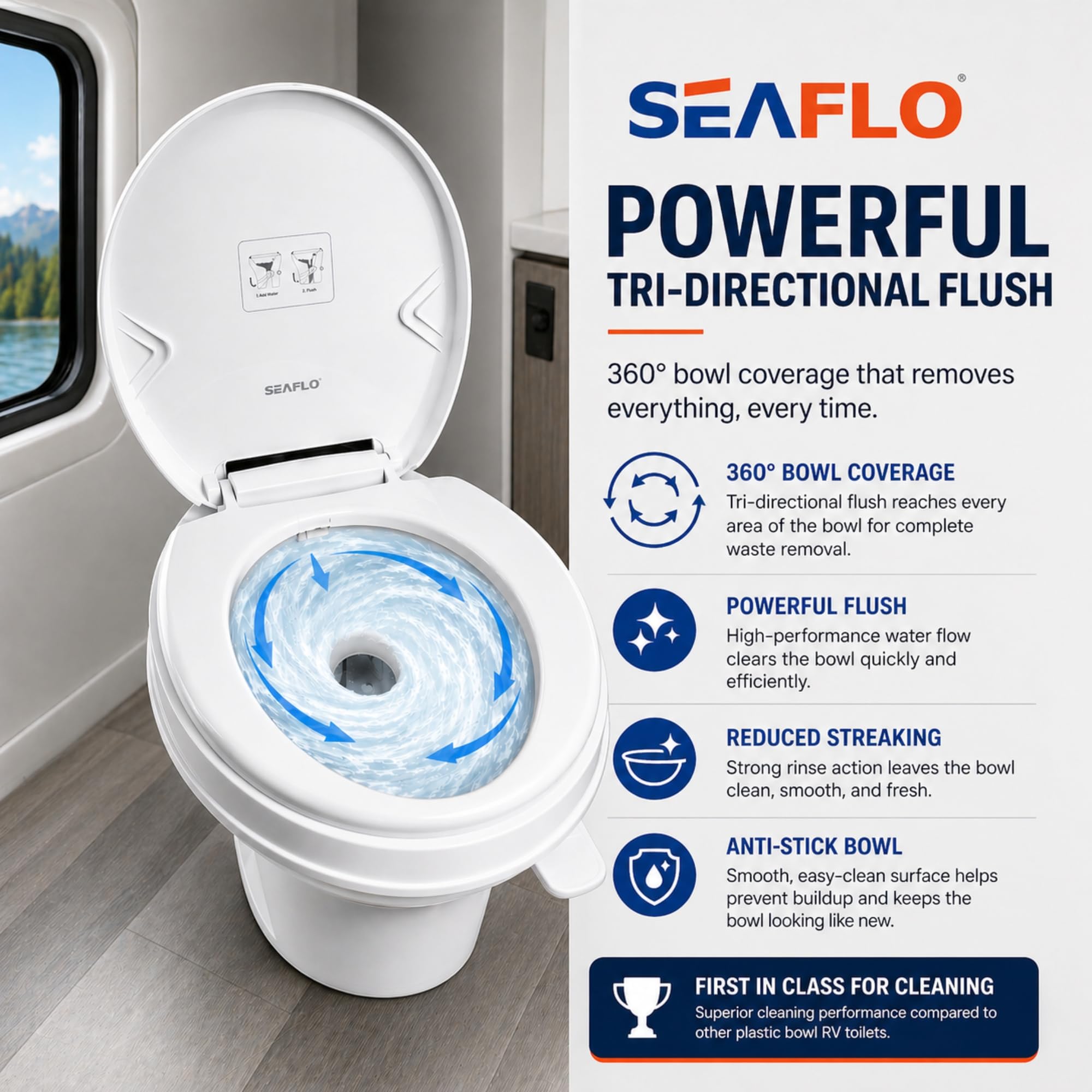 SEAFLO Wohnmobil-WC – Standardhöhe, Schwerkraftspülung, Fußpedal, sanft schließender Deckel
