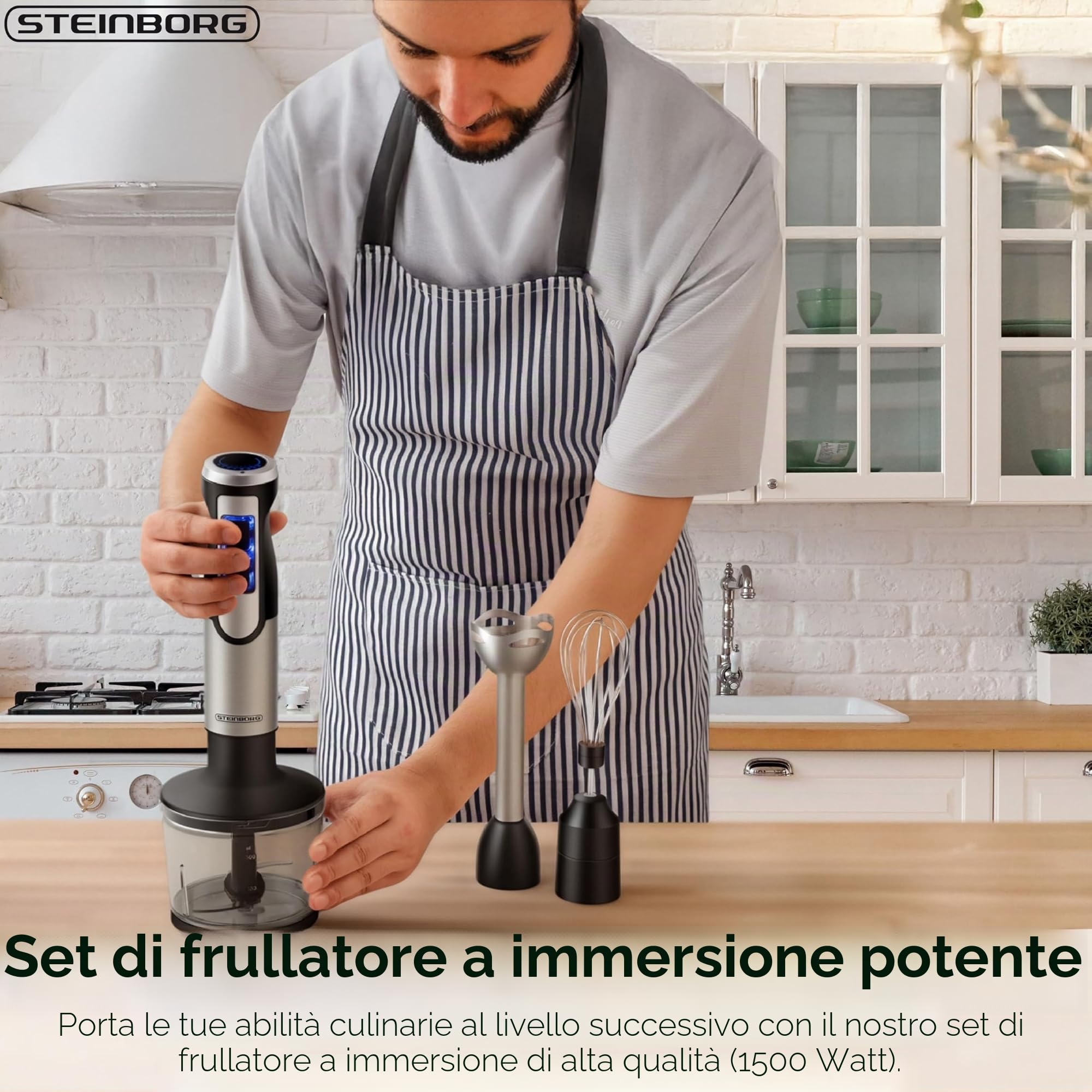 Steinborg Frullatore a immersione, 1.500 Watt, in acciaio inox, frullatore ad immersione, tritatutto – 500 ml, contenitore di miscelazione in acciaio inox, funzione turbo, frullatore a mano