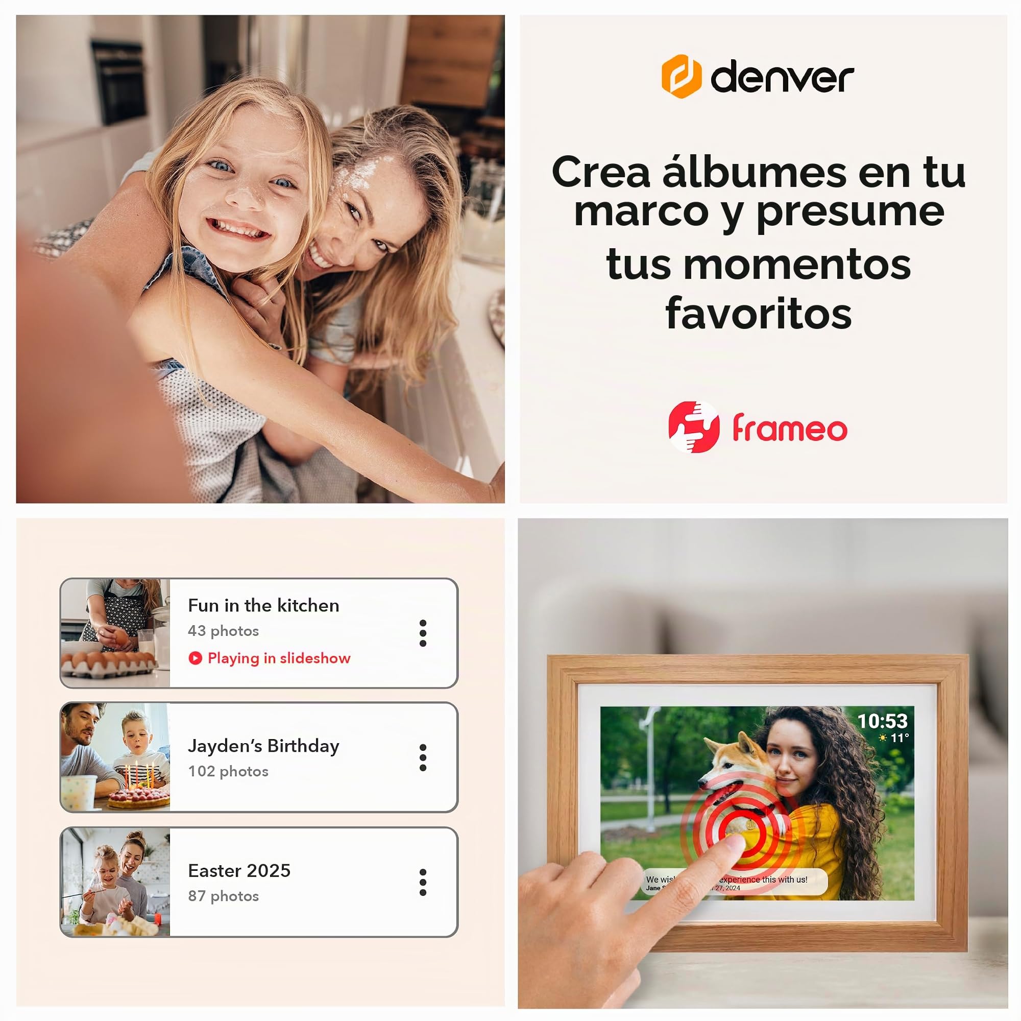 Denver Frameo Marco Digital WiFi 10,1 Pulgadas, Pantalla IPS táctil 1280 x 800, 16 GB, App Frameo, Color Madera Clara