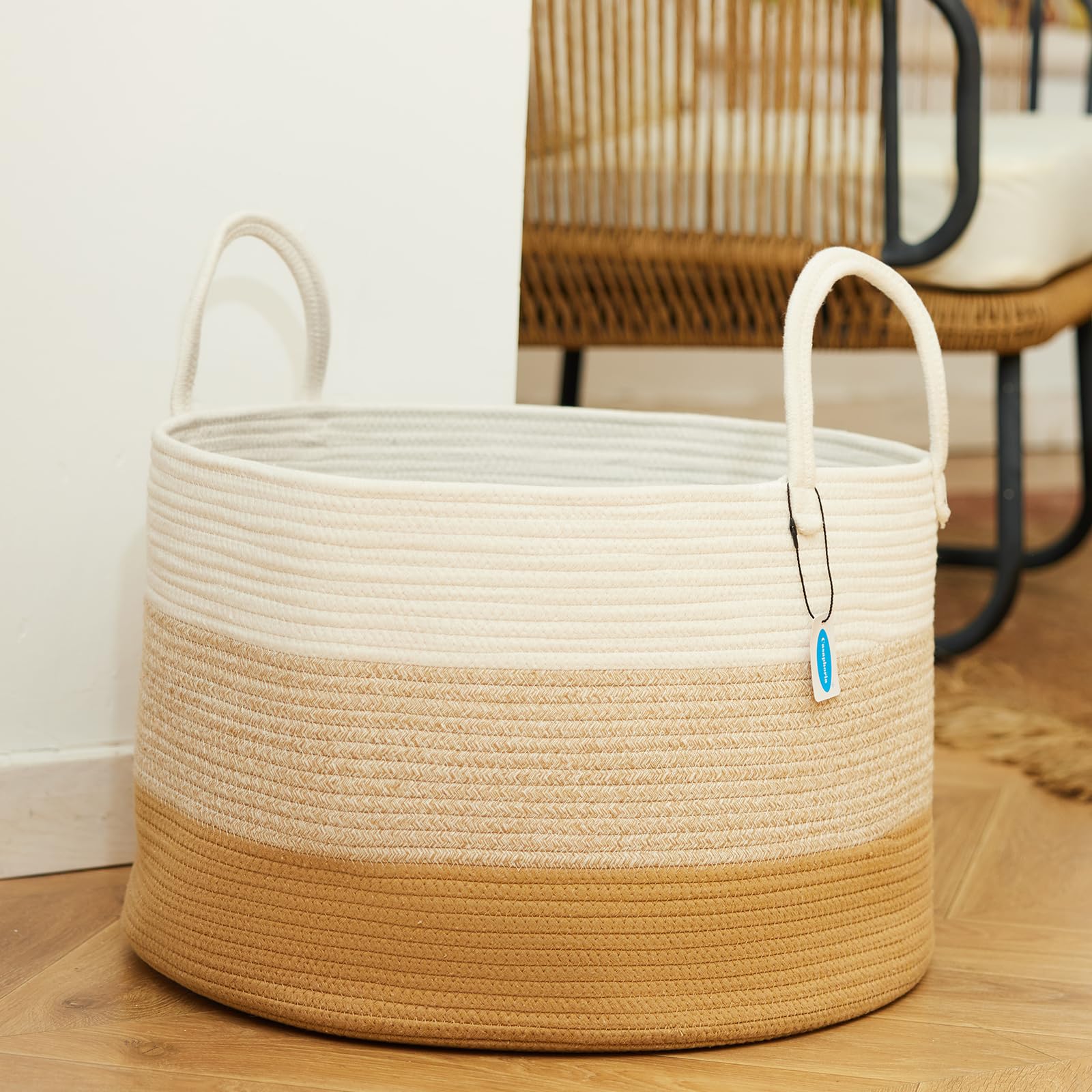 Casaphoria Cesto portaoggetti, cesto portabiancheria, 50,8 x 50,8 x 33 cm, cesto per coperte, cesto in corda di cotone, cesto portabiancheria, coperta per soggiorno (bianco e marrone sfumato
