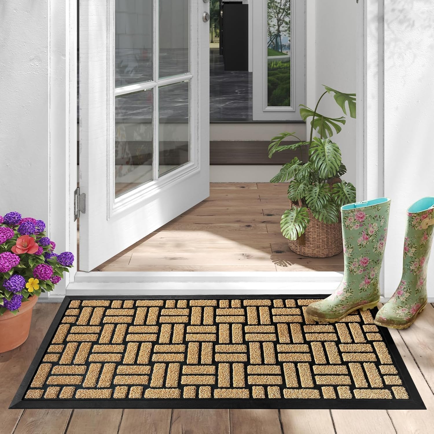 MATALL Front Door Mat Outside Entrance - 36x17 Inches Coir-Like Yellow Welcome Matt, Dirt-Trapping Non-Slip Low-Profile Indoor and Outdoor Mat for Apartment, Patio, Covered Porch, or Back Door