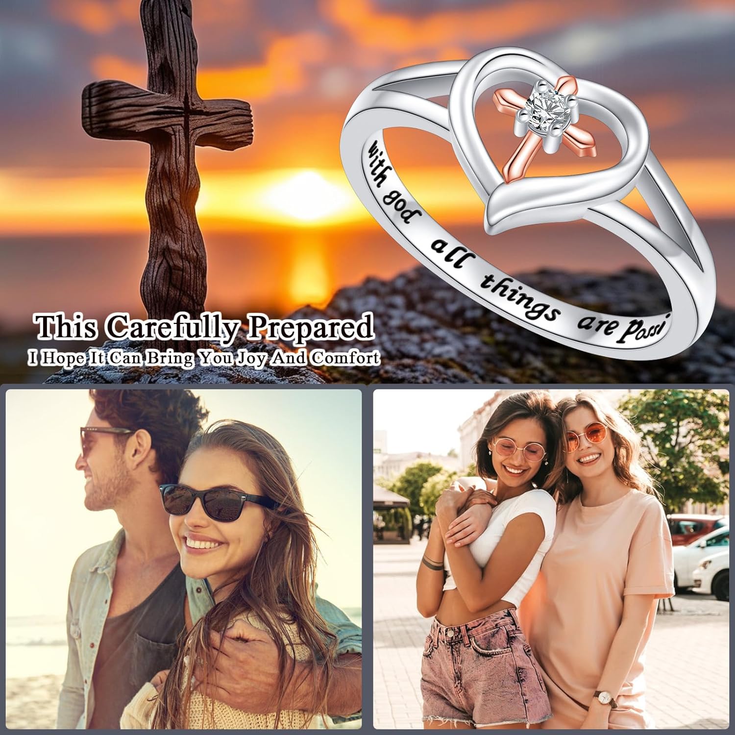 Alphm S925 Sterling Silver Heart Cross Inspirational Faith Bible Verse Christian Rings for Women Jewelry Teen - Image 5