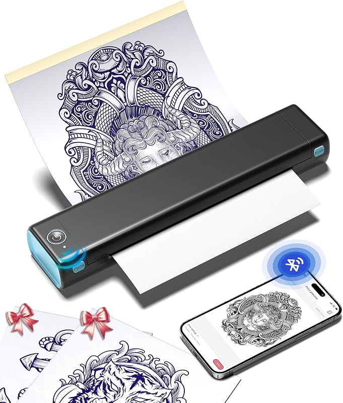 Impressora Térmica Portátil para Stencil de Tatuagem Phomemo M08F-WS, Bluetooth e USB, Sem Fio, Preta e Azul
