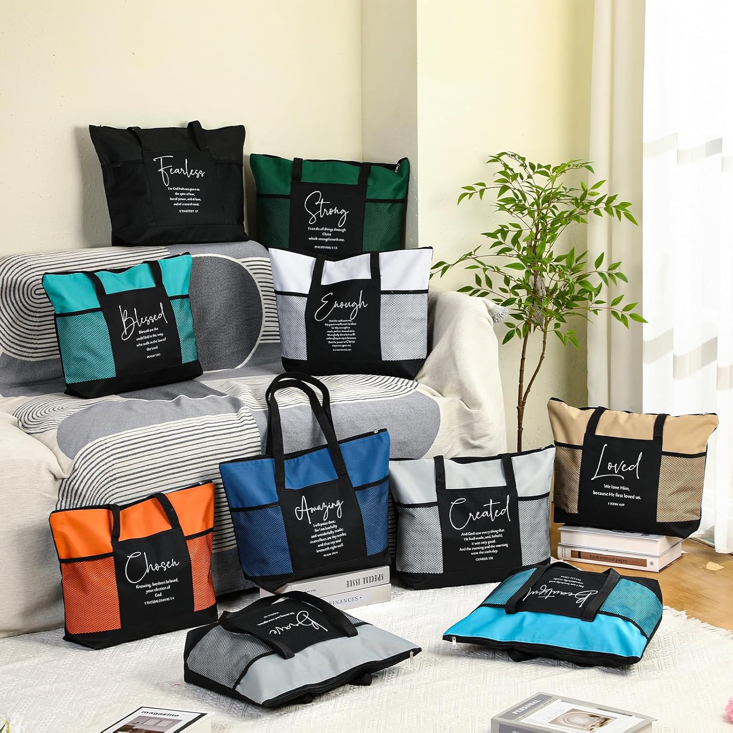 Paterr 10 Pcs Christian Tote Bags Bulk with Pocket Zipper for Women Bible Church Mothers Day Gifts(Neutral Color,Encouraged) - Image 3