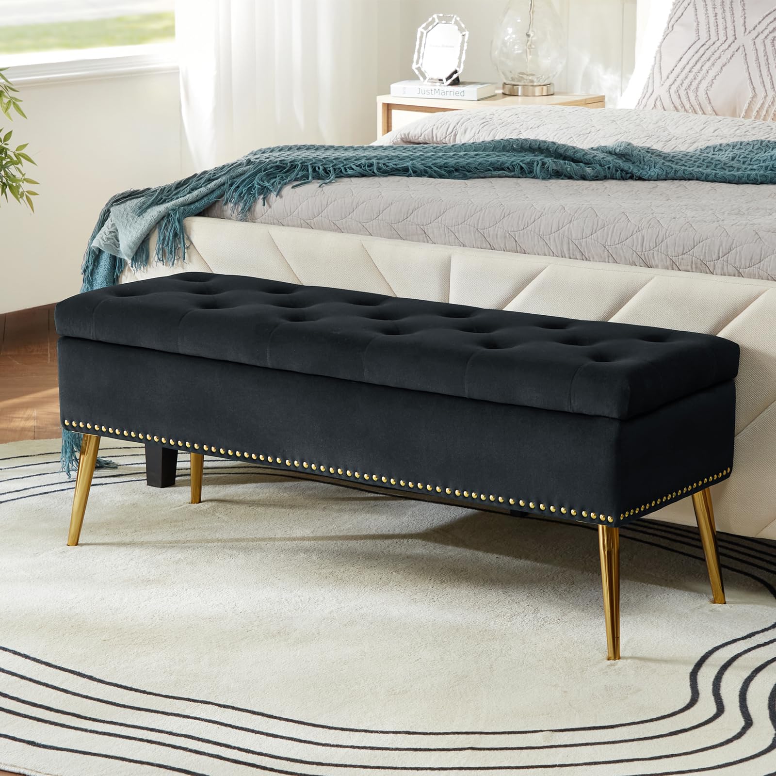 HULALA HOME Modern Velvet Storage Bench Box Ottoman with Gold Base & Nailhead Trim, Upholstered Bedroom Bench for End of Bed, Button-Tufted Footstool for Entryway Living Room Dining Room, Black