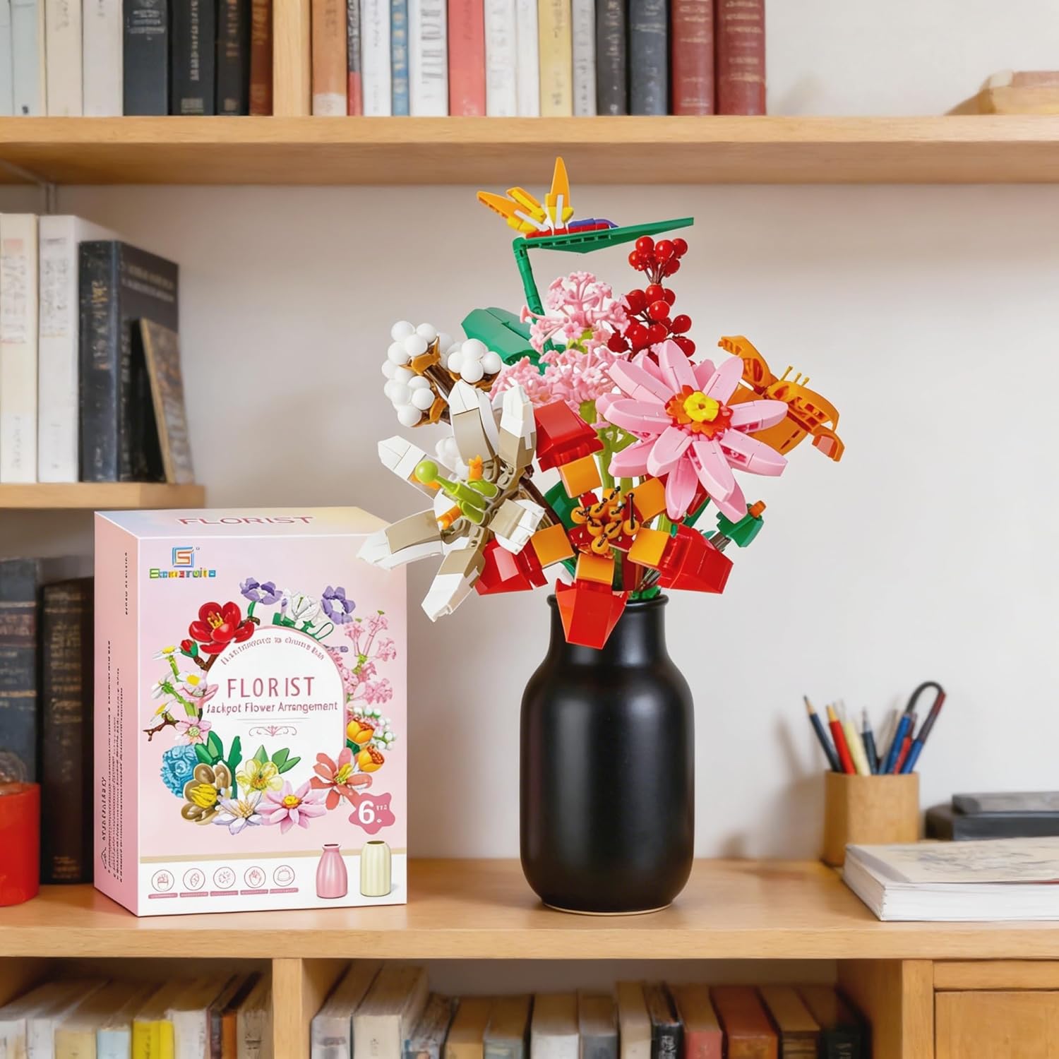 Sawaruita Pink Pretty Wild Flower Building Blocks Set for Adults - 923 Pcs Botanical Bouquet with Vase, Home Decor Gift for Valentine’s Day & Mother’s Day