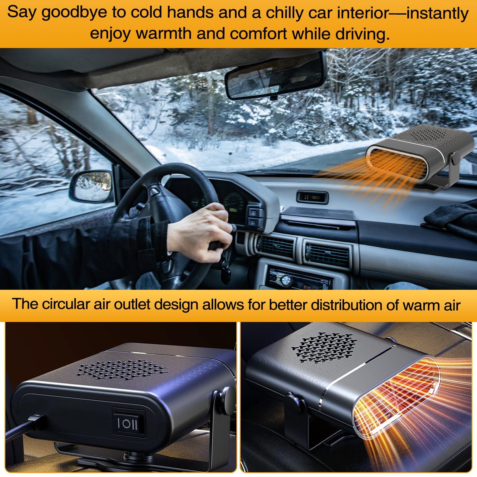 Chauffage de voiture, 150 W, 12 V, portable, rotatif à 360 °, chauffage soufflant de voiture, 2 en 1, chauffage, dégivrage et désembuage, pour camping-car, camion, voiture 12 V