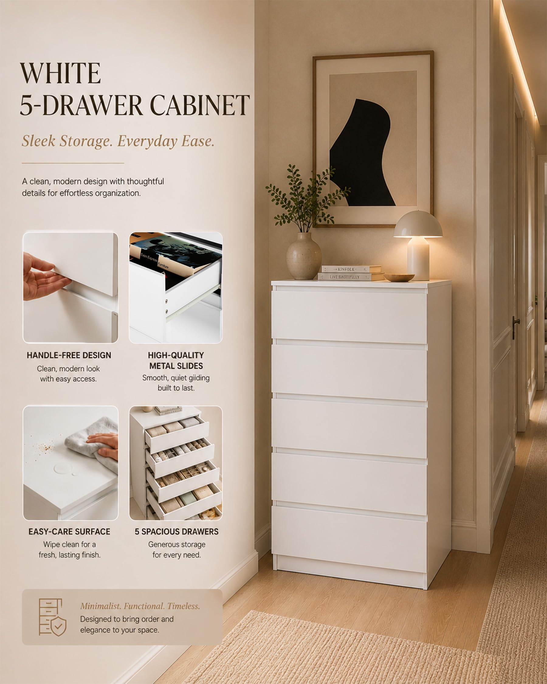 Cómoda Dormitorio 5 Cajones, Cajonera Blanca, Sinfonier Alto y Estrecho, Mueble Auxiliar para Dormitorio, Salón y Pasillo, 60 x 40 x 121 cm