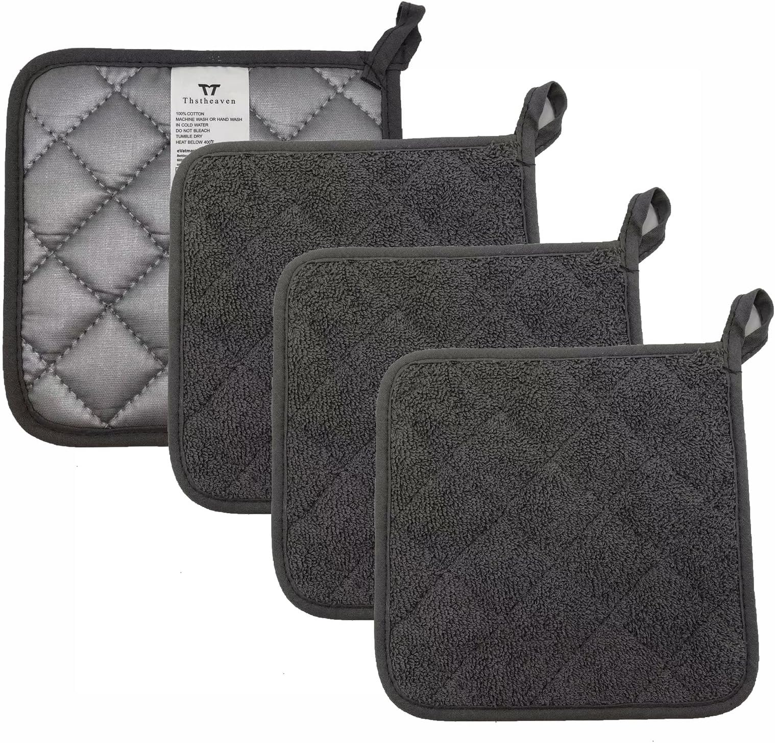 Minkabo - Pot Holders for Kitchen Set of 4 Heat Resistant Dark Grey Hot Pads Terry Cloth Holders for Cooking and Baking