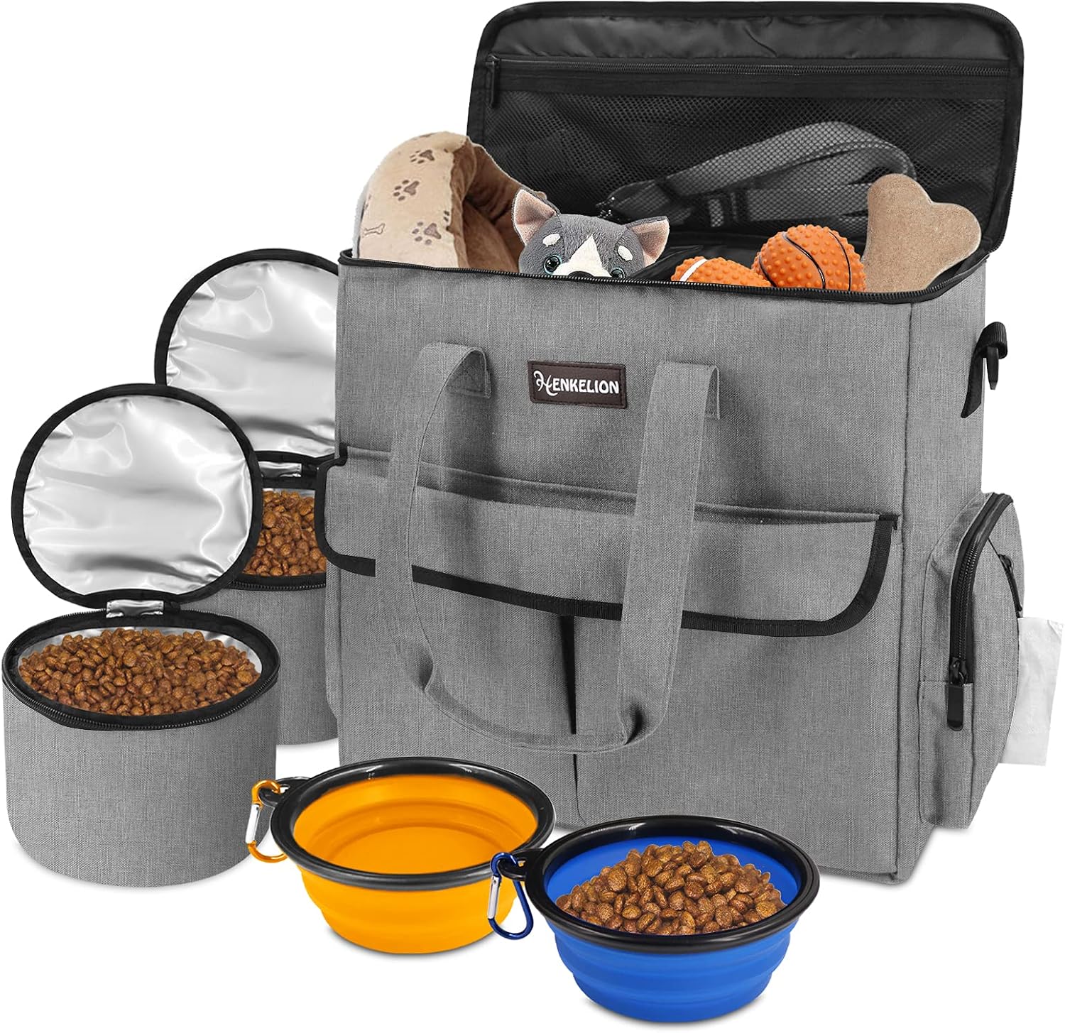 Henkelion Dog Travel Bag for Supplies with 2 Collapsible Water Bowls and 2 Food Containers, Weekend Dog Travel Kit with Pet Travel…