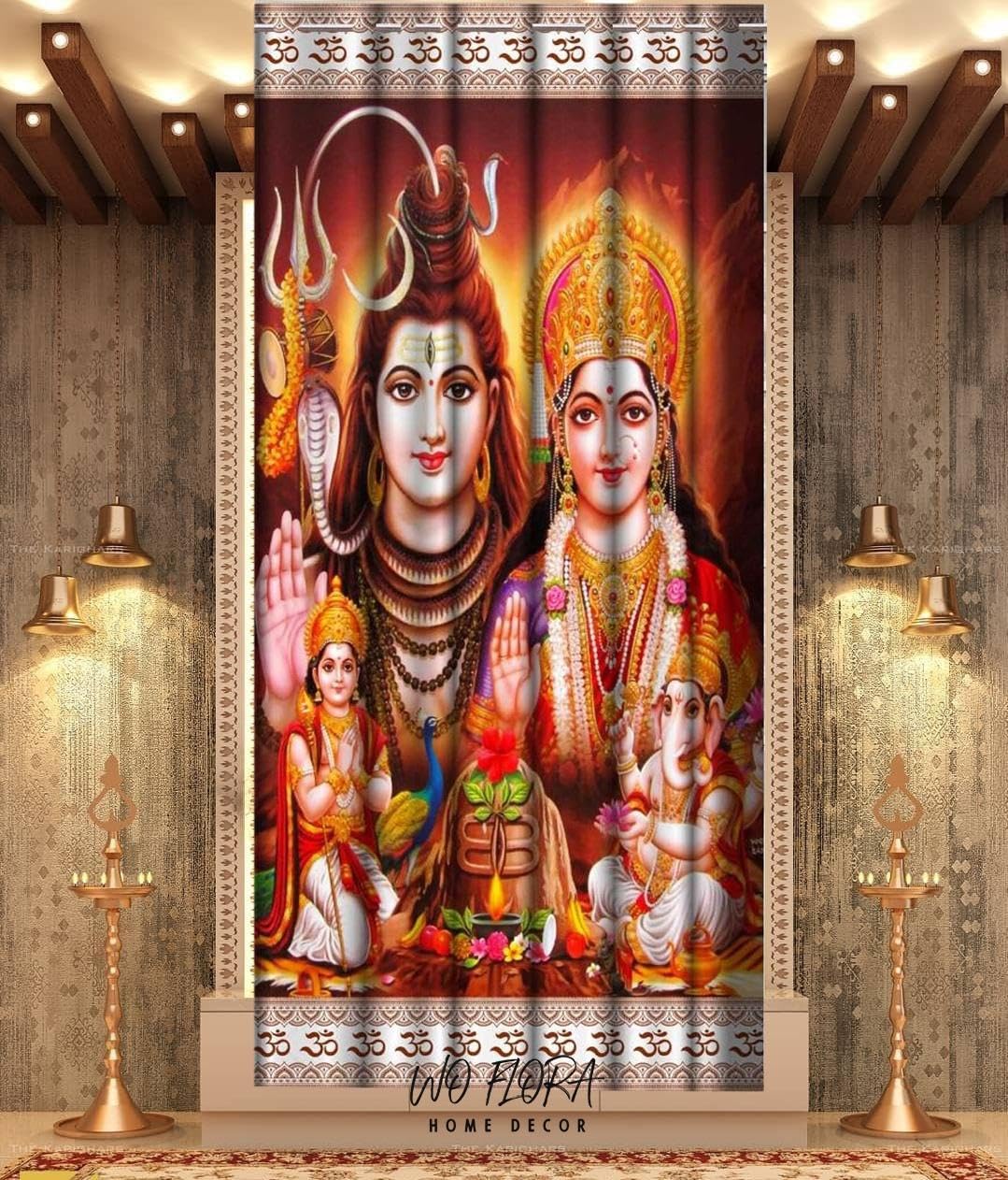 WO FLORA 3D Digital Printed Lord Shiva Family God Curtains for Poojaroom/Shiv Parivaar Pooja ghar mandir Parde Home Temple Curtain 4x5 Feet Window Curtain Pack of 1 Pc