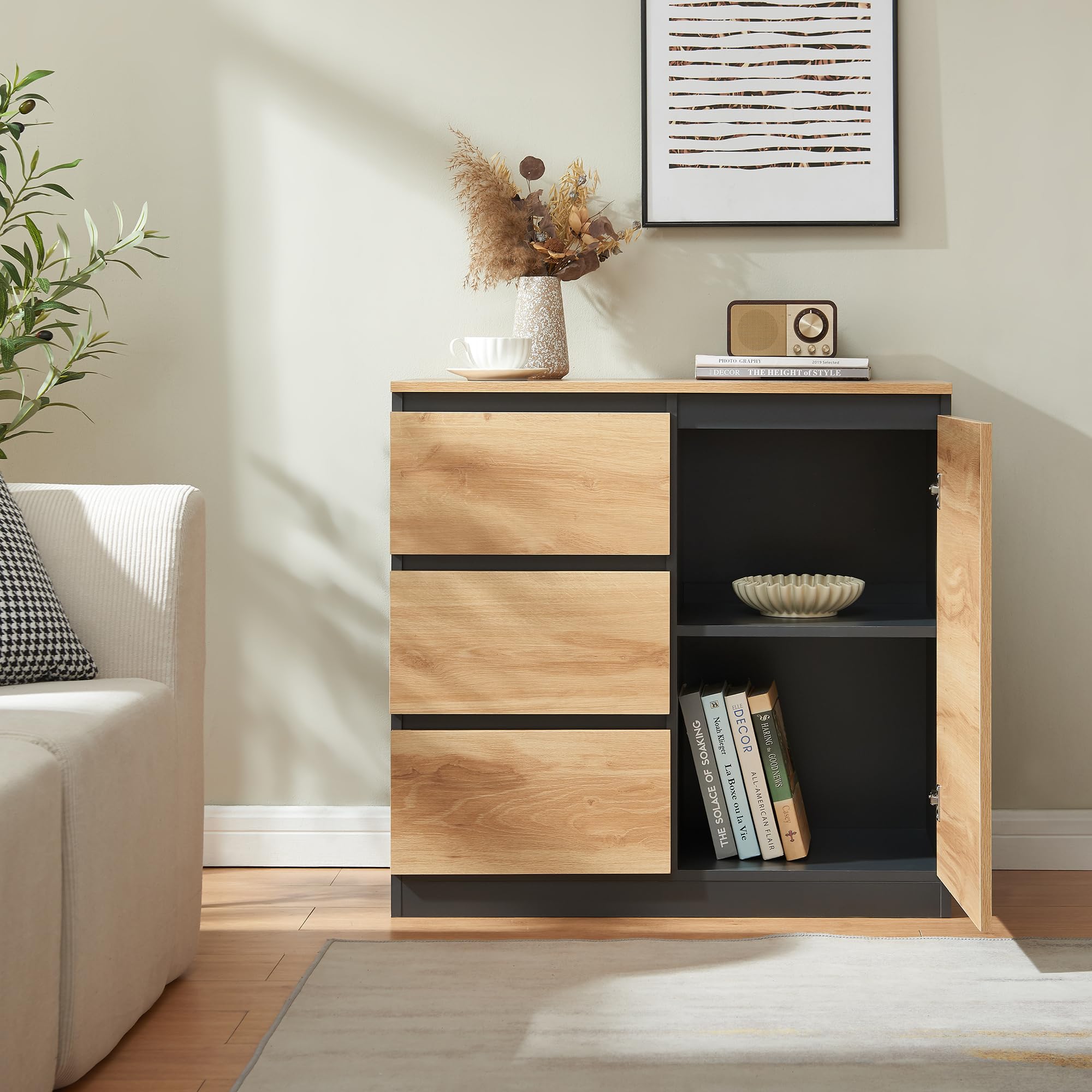 [en.casa] Credenza Mobile Contenitore con Anta e 3 Cassetti Comò con Vani Ripiani Chiusi Madia per Soggiorno Sala da Pranzo Ingresso 80 x 40 x 75 cm - Nero/Effetto Rovere Rustico