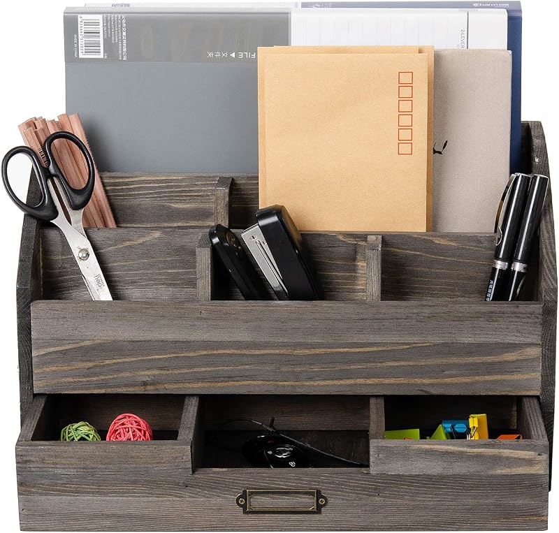 canwedance Organizador de escritorio de oficina de madera rústica envejecida, 5 compartimentos con 2 cajones y mostrador, escritorio, estante para correo, bolígrafos, cuadernos, carpetas, lápices y suministros de oficina (gris roca)