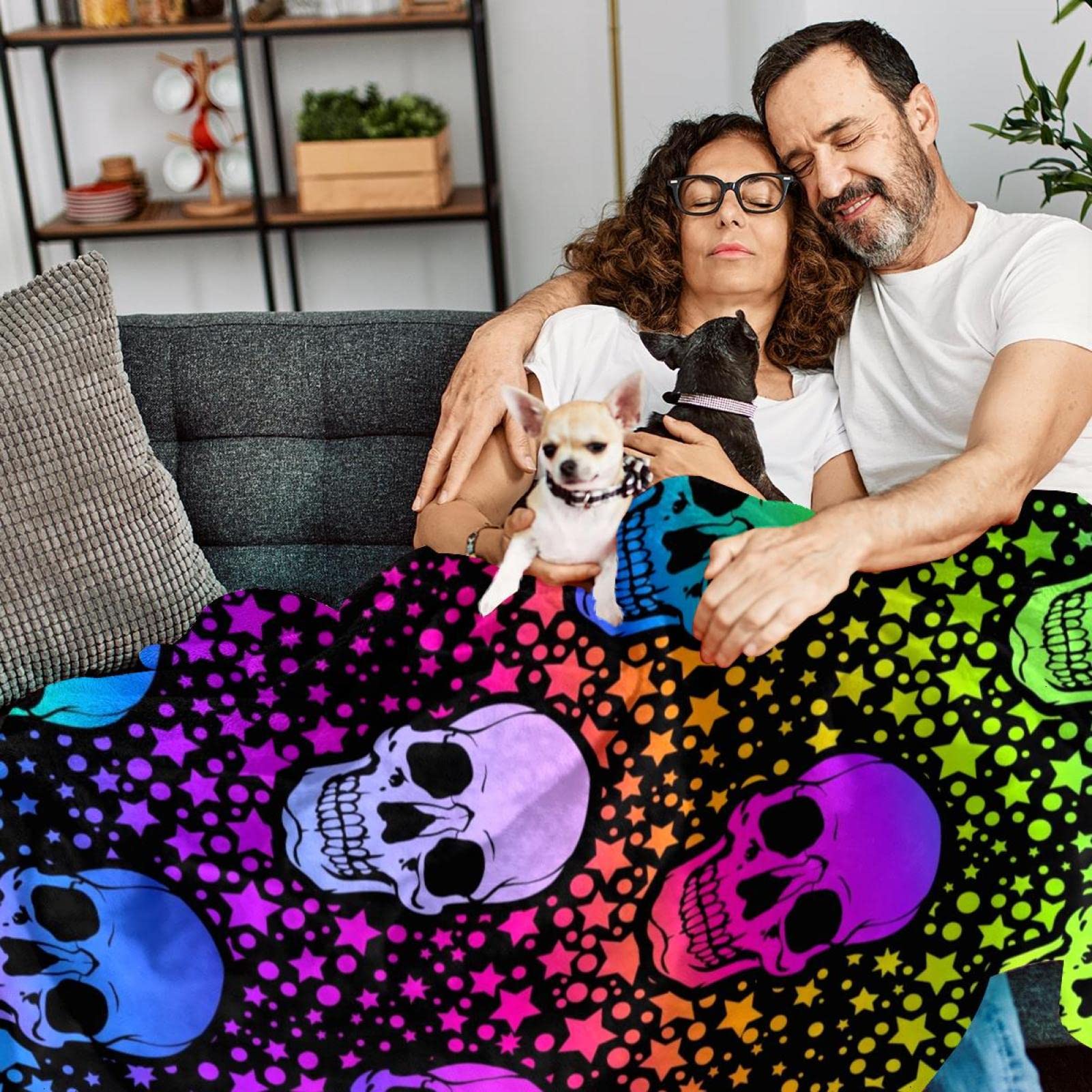 Coperta in pile con motivo a teschi al neon - morbida e leggera peluche accogliente - perfetta per letto, divano, viaggi, campeggio, 150 x 199 cm