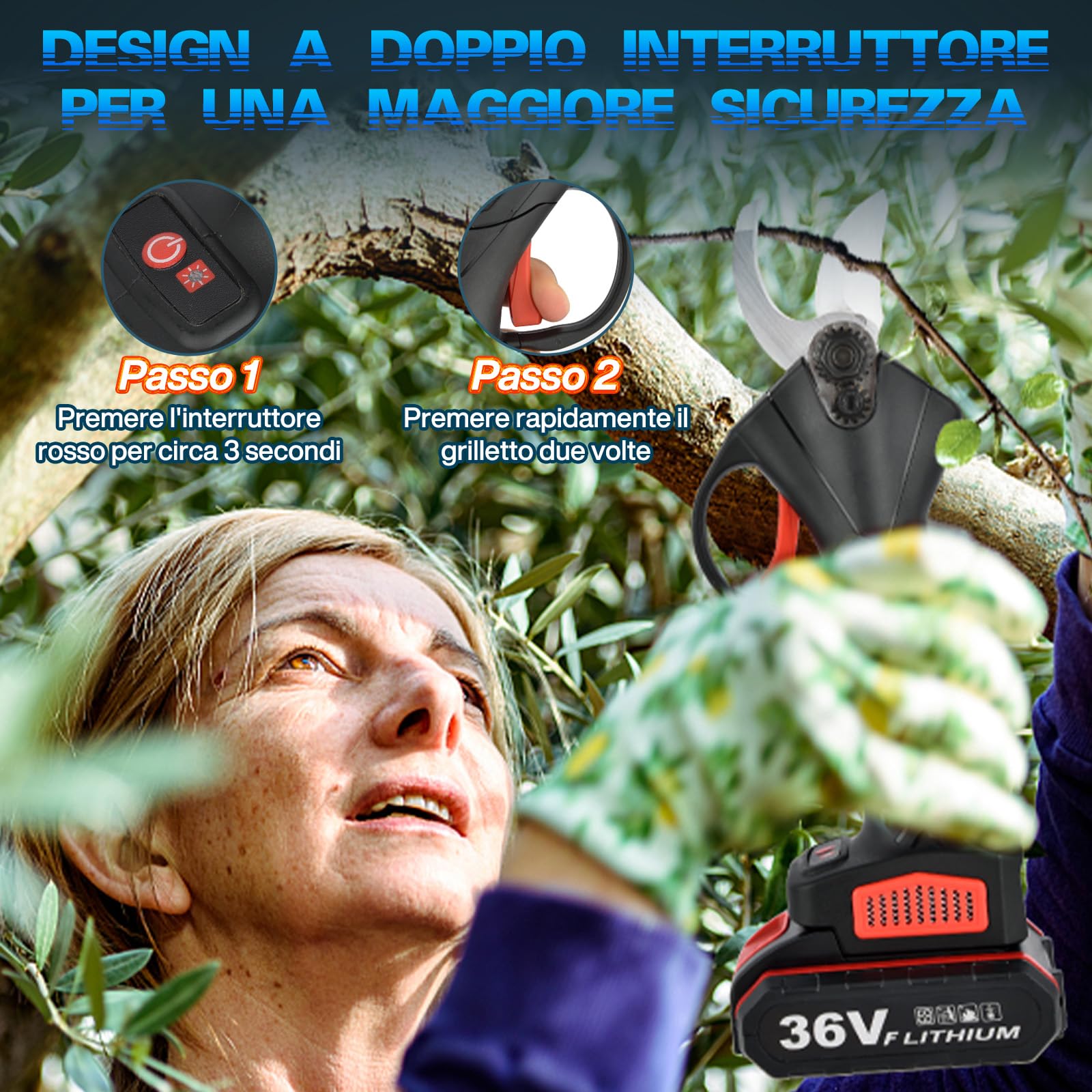 Forbici e Cesoie per Potatura 30mm con 2 Batterie | Forbici Potatura Elettriche, Forbici Giardinaggio Portatile Strumento Cordless Professionale per Albero Rami Arbusti
