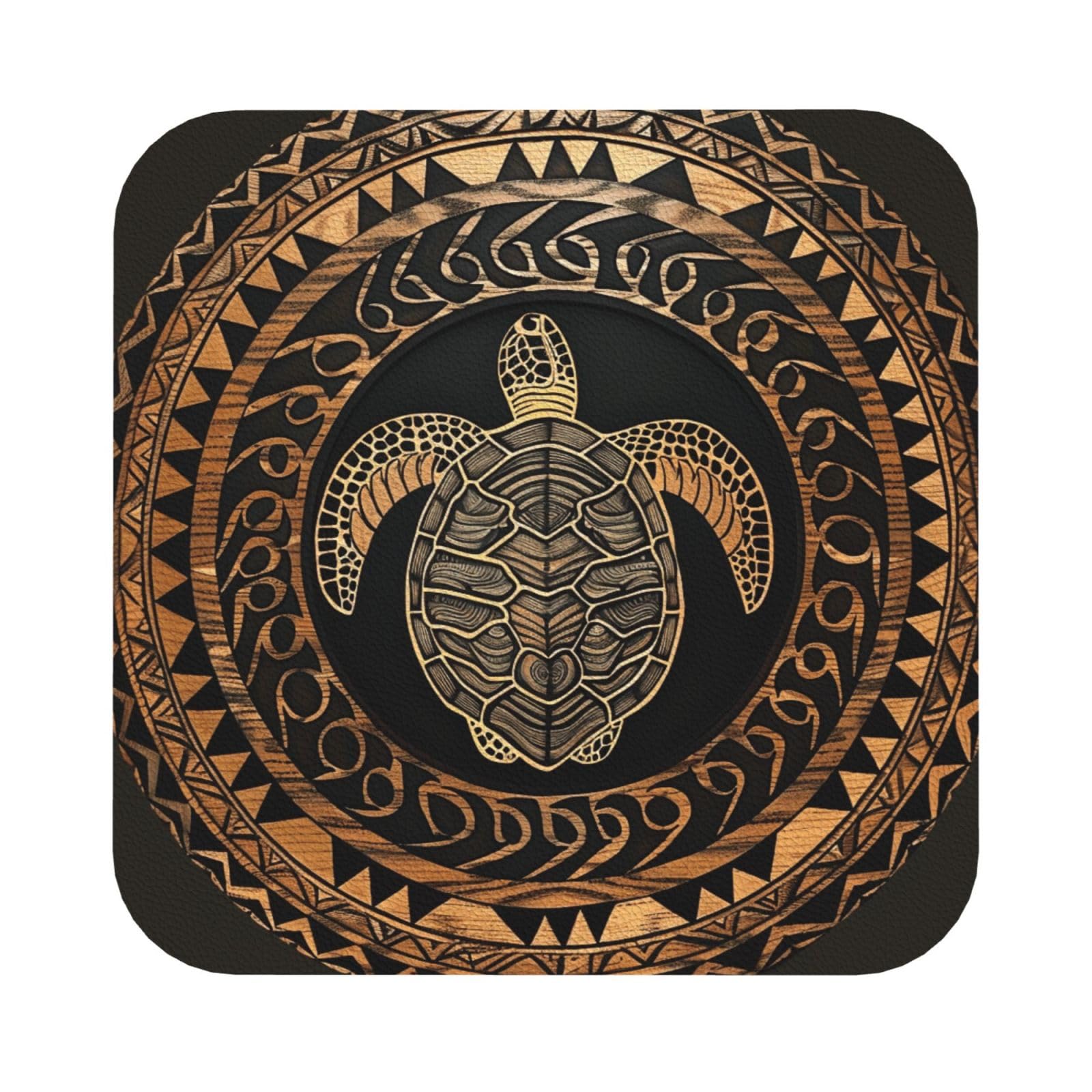 Hawaiian Tapa Honu Turtle Print Leather Coaster Set of 6, Square Coasters Table Decorative Coffee Cup Beverage Coasters Wine Beer Bar Coasters for Hot Drinks Table Protection
