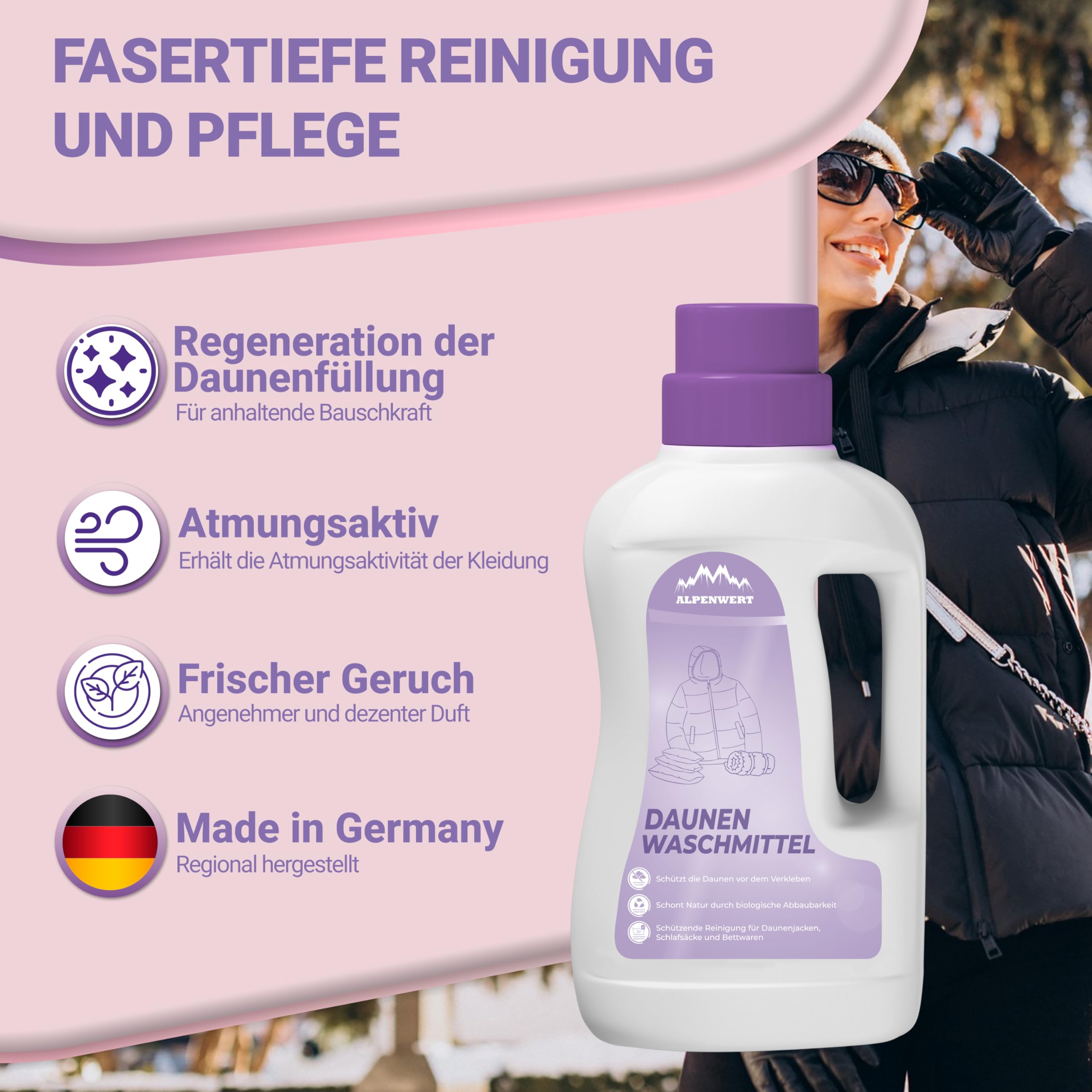 ALPENWERT Daunenwaschmittel 2x1L - Spezialwaschmittel für Daunenjacken, Bettdecken, Schlafsäcke & Kissen - sanftes Waschmittel für fasertiefe Reinigung & Pflege mit frischem Duft - Made in Germany