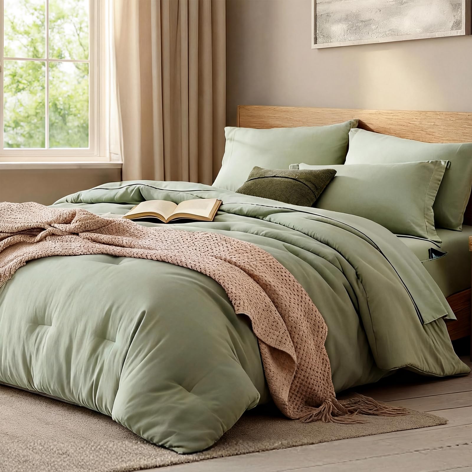 Photo 1 of WRENSONGE Queen Comforter Set - 7 Pieces Sage Green Soft Bed in a Bag Queen with Fitted Sheet, Flat Sheet, 2 Pillow Shams, and 2 Pillowcases- Queen Bedding Sets for All Season