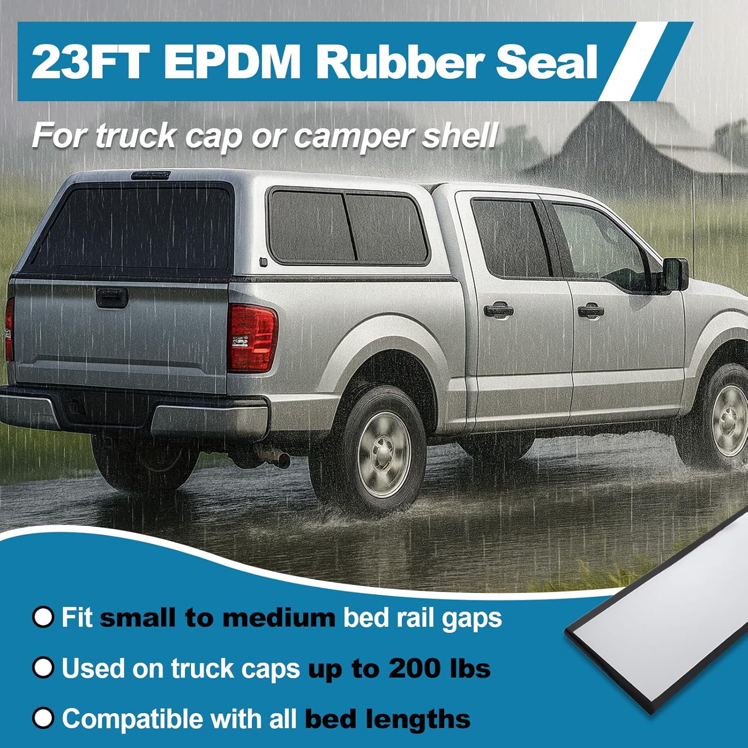 Camper Shell Seal 23FT, Truck Topper Seal for Truck Cap 200 lbs or Less (2" W x 0.2" H x 23' L), Heavy Duty EPDM Rubber with Adhesive by MCCKLE