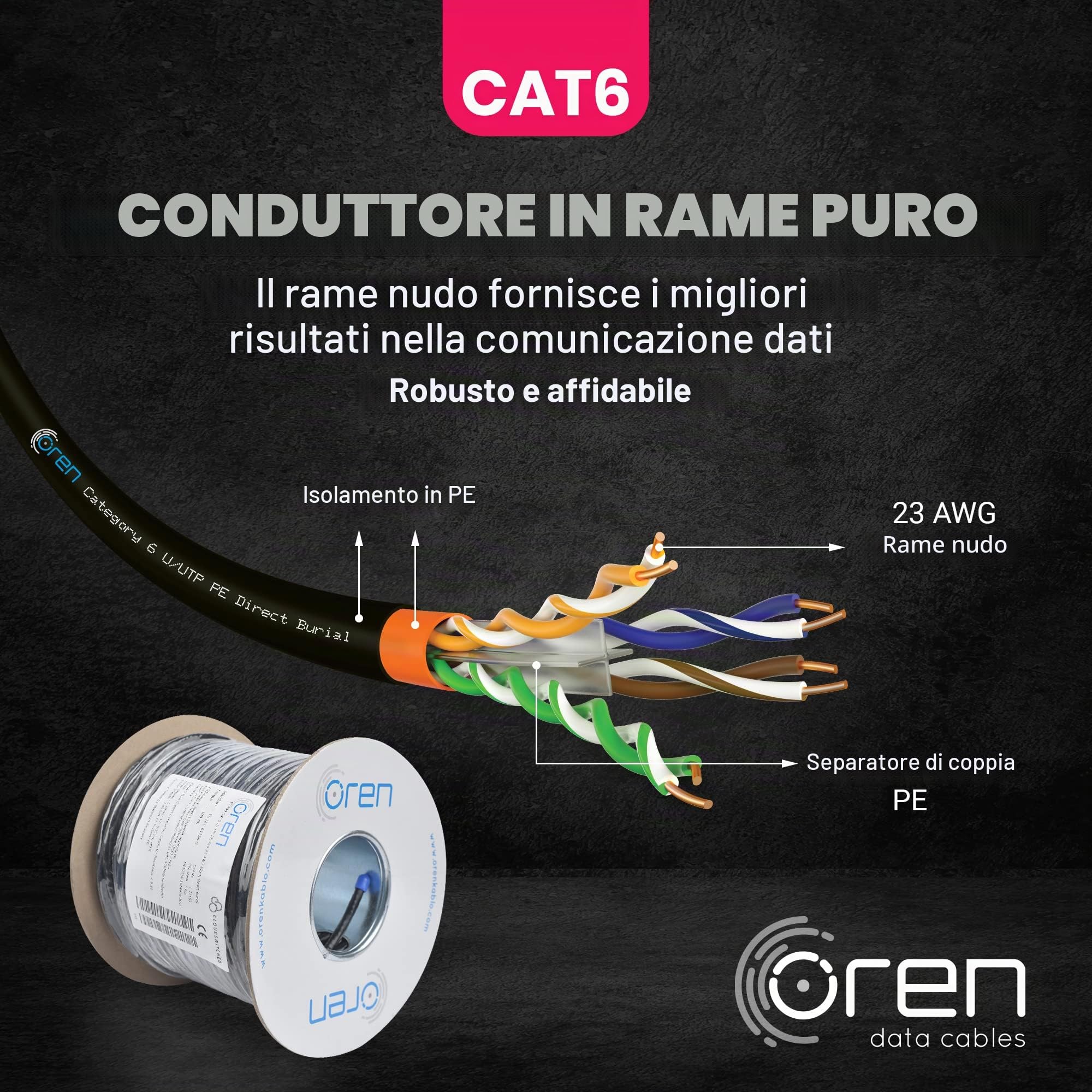 Oren CAT6 100m Cavo Ethernet da Esterno - Interramento Diretto - 23 AWG Cavo in Rame Nudo- 400 MHz Larghezza Banda UTP Cavo di Rete LAN Internet- senza alogeni, anticorrosivo – Gigabit
