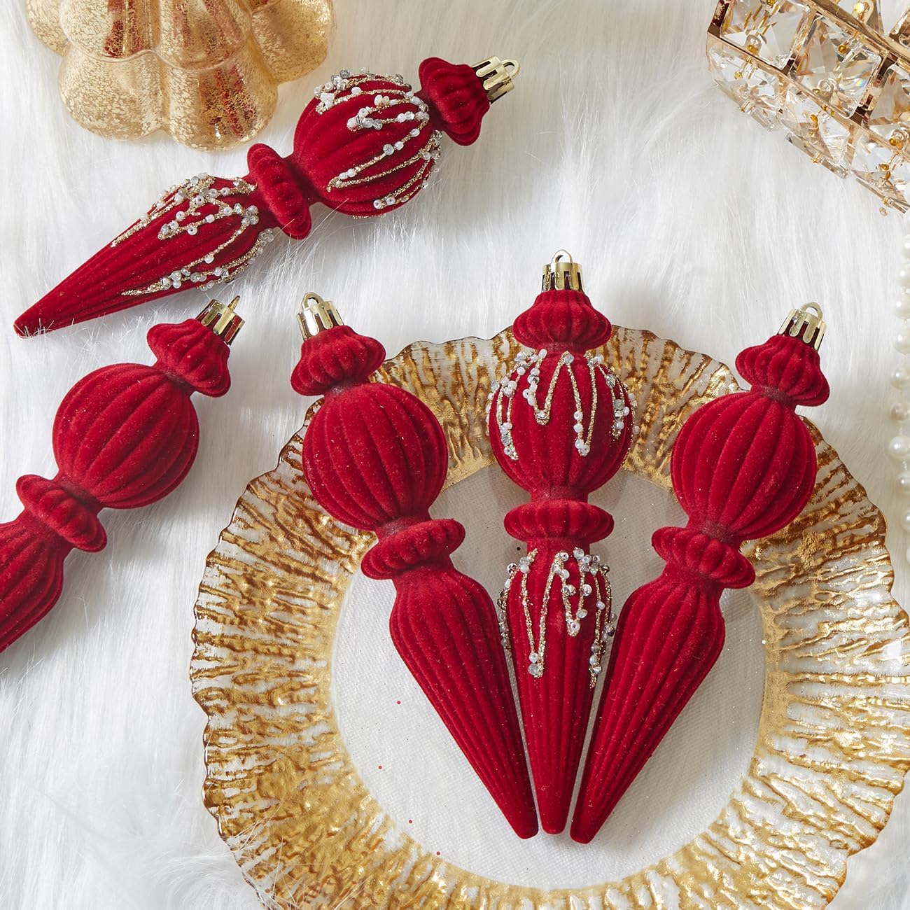 Burgundy Velvet Christmas Ornaments Set,6 Pack Plastic Shatterproof Christmas Ball Hanging Ornaments for Xmas Tree Decorations(6.7Inch)