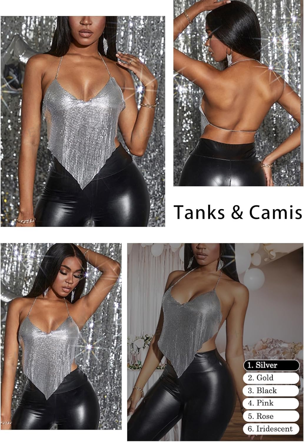 Christmas Womens Sexy Sparkly Chain Top Metallic Sequin Rhinestone Halter Backless Crop Outfit Party Club Tank Shirt (Sliver V) - Image 2
