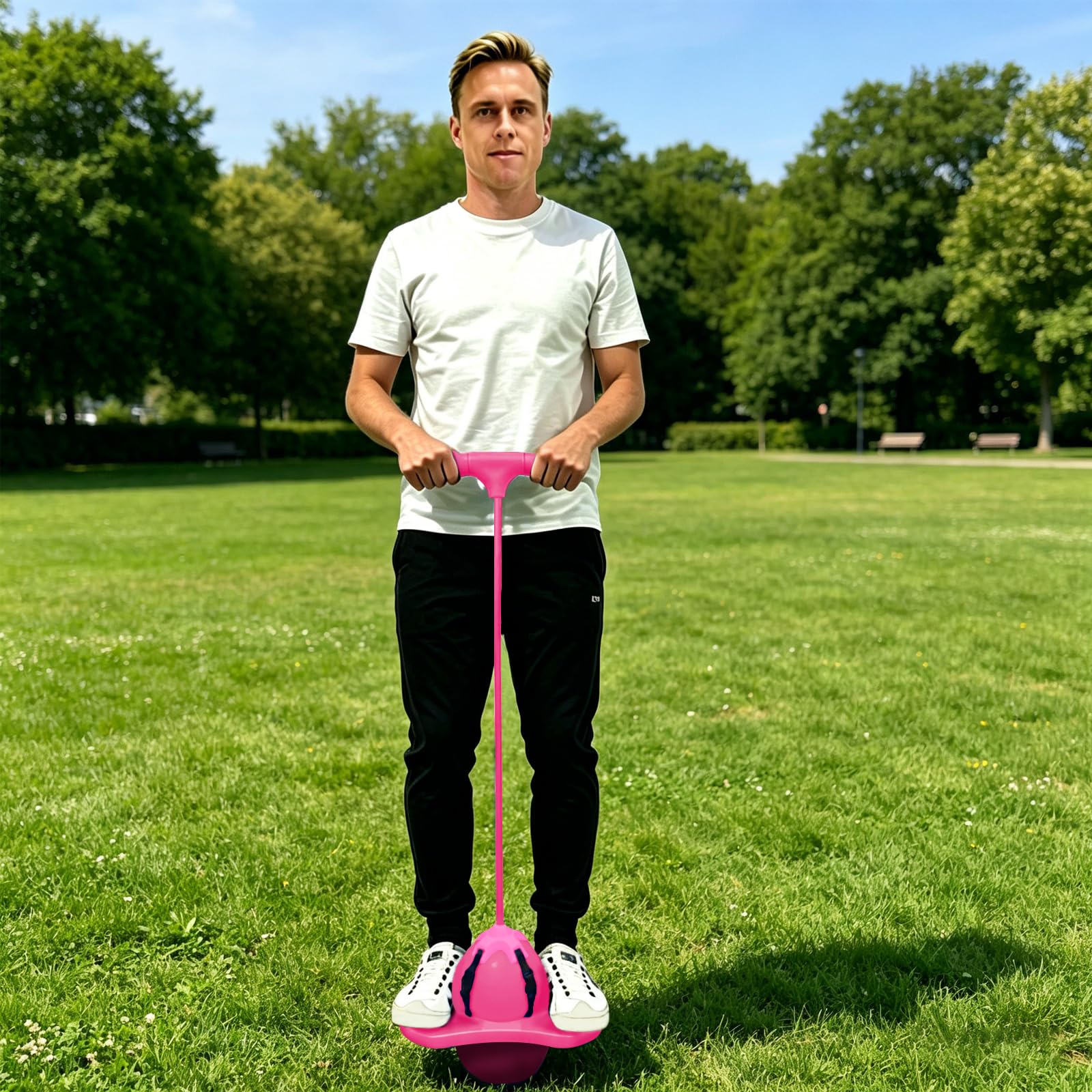 Balón para Saltar, Pelota de Salto de Pogo, Pelota de Rebote con Mango y Bomba de Aire, Parte Inferior Antideslizante, para Entrenar el Equilibrio, para Interiores y Exteriores (Rosa)