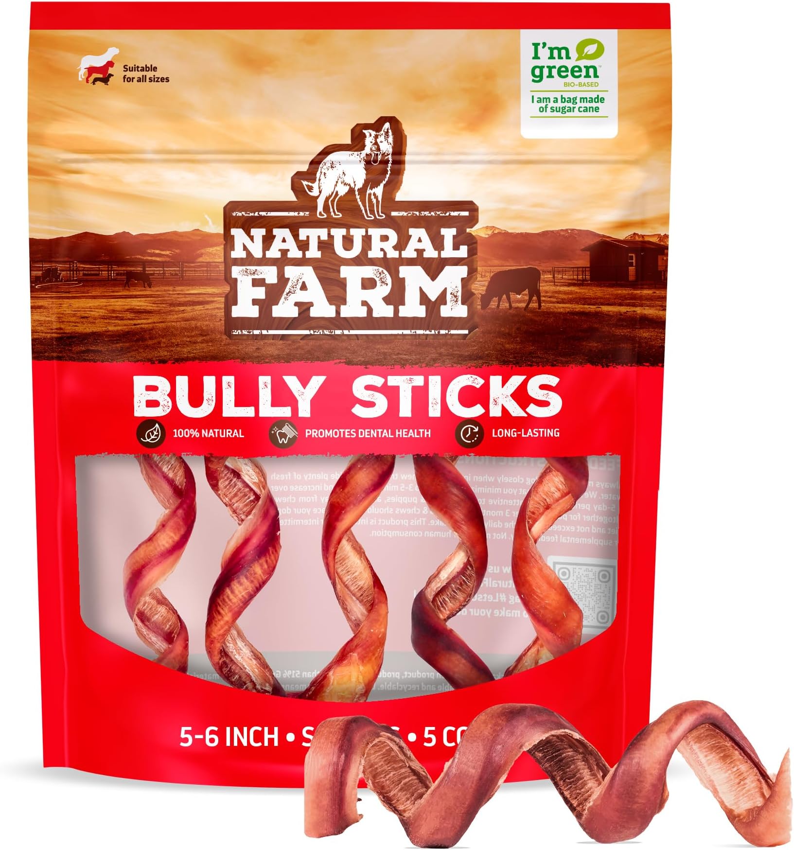 Natural Farm Odor-Free Curly Bully Sticks, (5-6 Inch, 5 Pack), Fully Digestible, 100% Beef Pizzle Chews, More Engagement & Fun, Grass-Fed, Non-GMO, Fully Digestible - Best for Small & Medium Chewers