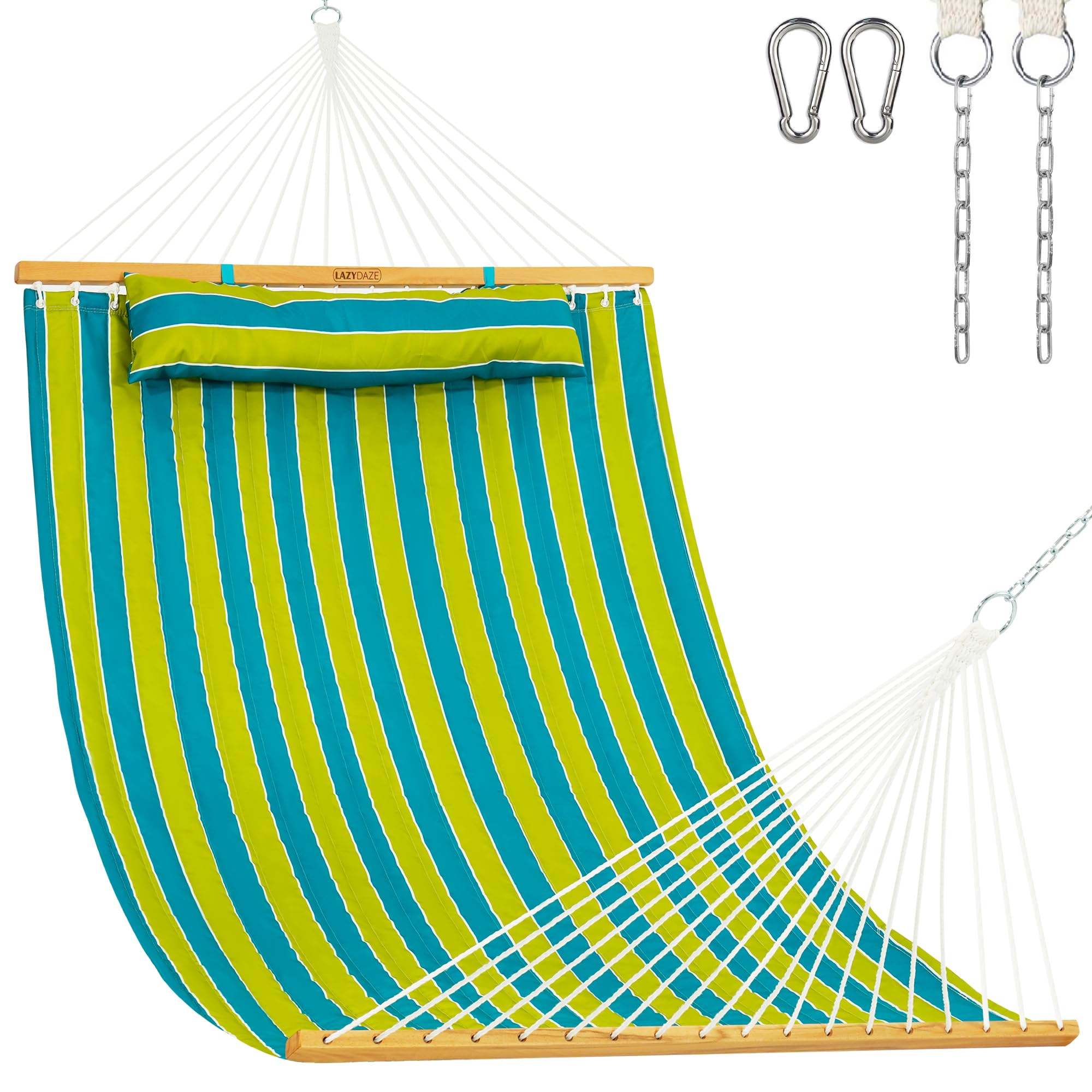 Lazy Daze Double Quilted Hammock with Pillow and Carabiners, Green Stripe