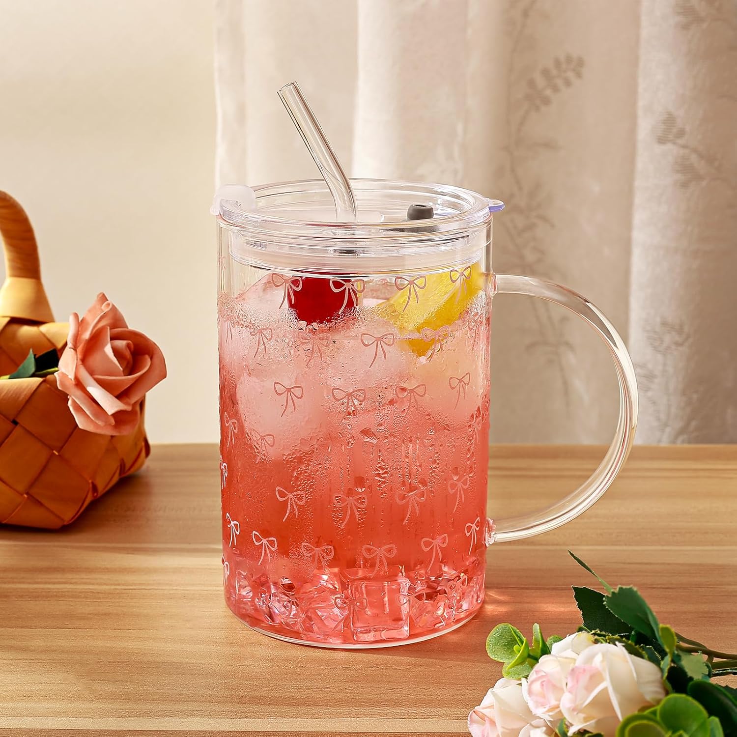 Koythin Glass Cups with Lids and Straws, Iced Coffee Cups with Lid for Tea Lattes Juices Sodas Beer, High Volume Tumbler with Handle for Mom Women, Aesthetic Bowknot Glasses Water Bottles (Pink Bow) - Image 9