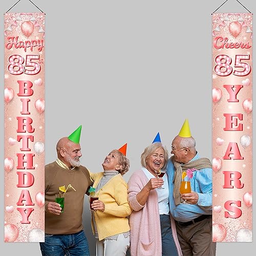 Miniatura 7 de Cartel de feliz cumpleaños 85 de oro rosa, telón de fondo de globos de confeti de 85 años, decoración temática de globos de confeti para mujeres de