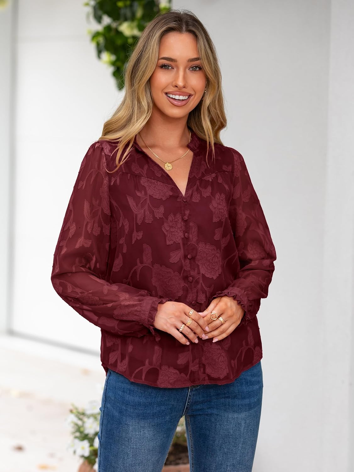 Simplee Womens Dressy Casual Blouses Long Sleeve V Neck Chiffon Burnout Shirts Loose Business Work Top Fall Outfits - Image 2