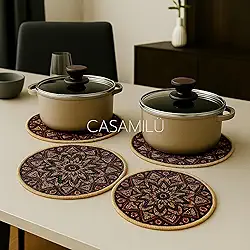 Kit 2 Descansos de Panela em Linho e Borracha CASAMILU Mandala Sol Nascente | Tamanhos 18cm e 20cm - Antiderrapante, Resistente ao Calor, Proteção para Superfícies