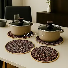 Kit 2 Descansos de Panela em Linho e Borracha CASAMILU Mandala Sol Nascente | Tamanhos 18cm e 20cm - Antiderrapante, Resistente ao Calor, Proteção para Superfícies