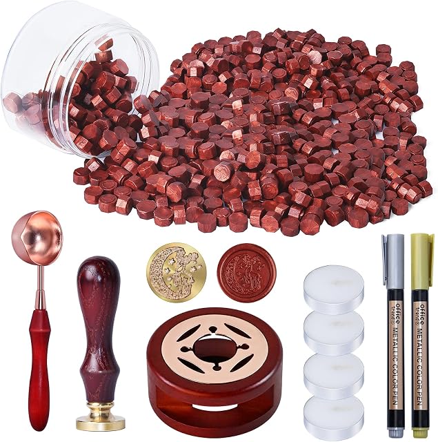250 PCS Wax Seal Stamp Kit, WEWINK PLUS Wine Red Sealing Wax Beads with Deer Wax Stamp, Wax Seal Warmer, Wax Seal Spoon, Tea Candles, Metallic Pen for Stamp Seals, Gifts, Invitations, Envelopes, Craft
