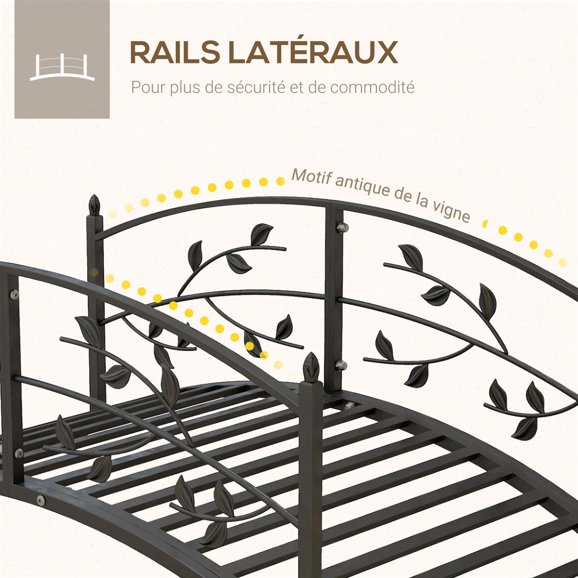 Outsunny Pont de Jardin - Pont de Bassin - décoration du Jardin dim. 119L x 67l x 47H cm avec Balustrade Motif de Vigne Acier Noir