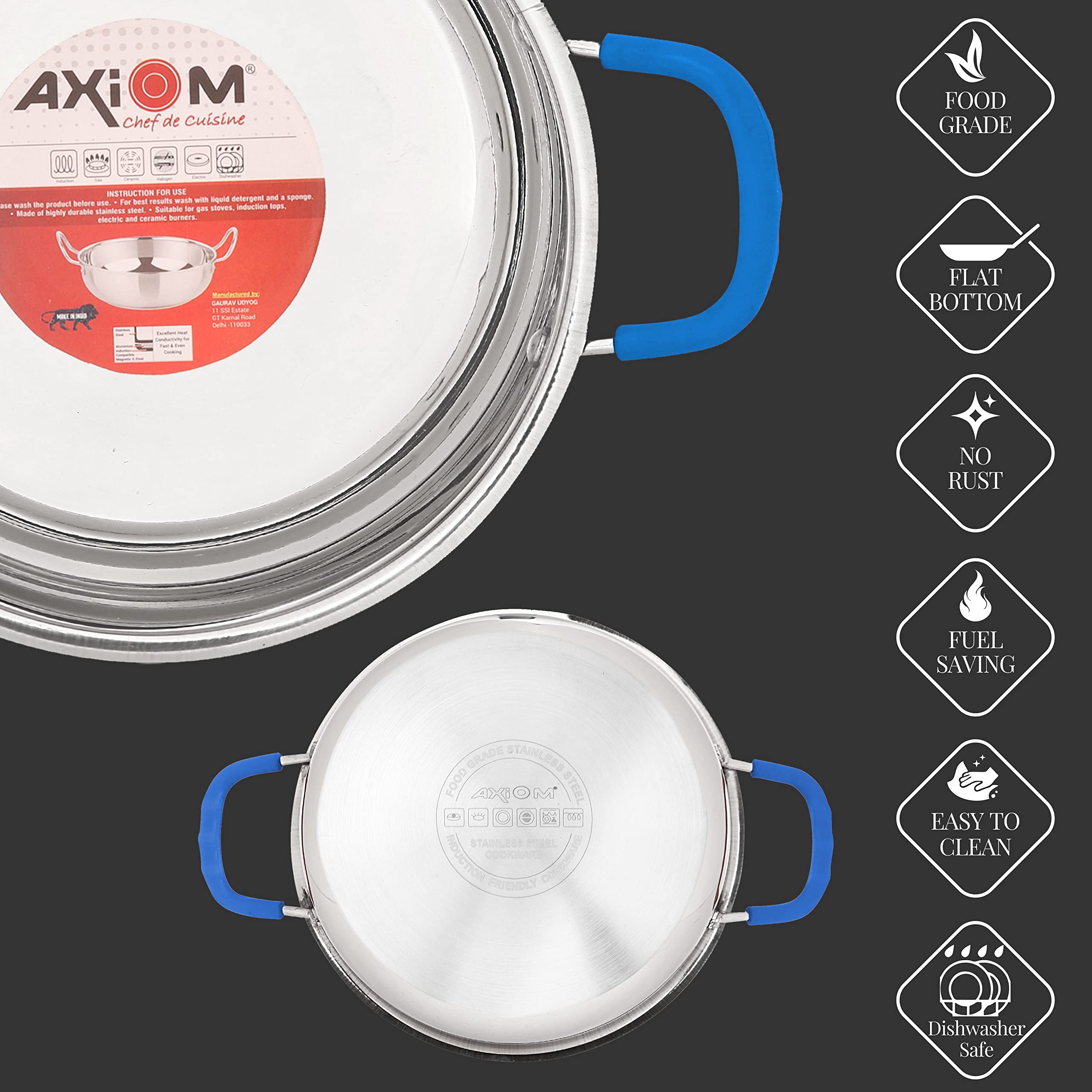 AXIOM KADHAI Stainless Steel 3 Liter Thick Triply Base (Induction & Gas