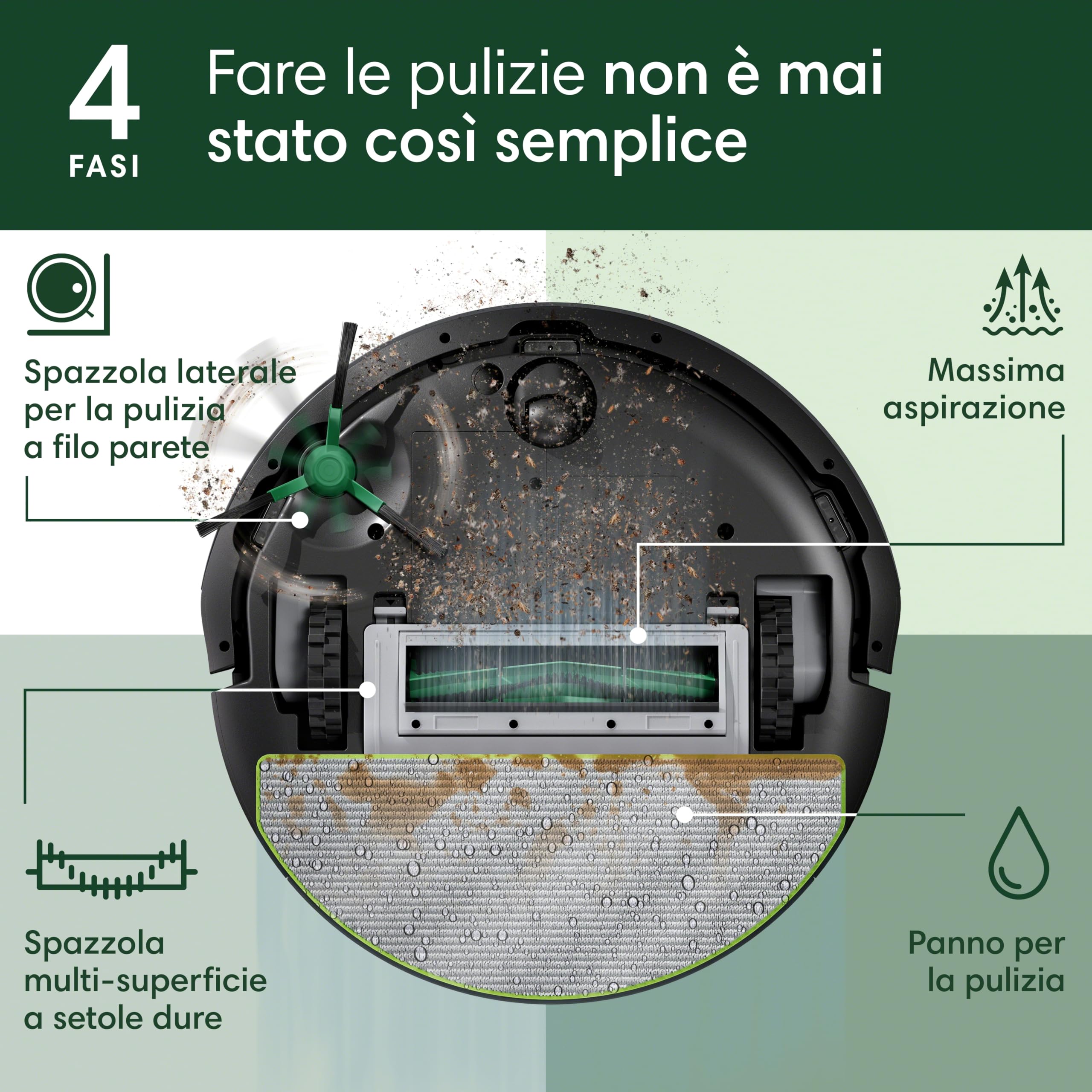 iRobot Roomba 105 Combo, Robot Aspirapolvere Lavapavimenti, Pulizia a 4 Fasi, Navigazione ClearView LiDAR, Rilevamento di Tappeti/Moquette, Pulizia Mirata, Controllo tramite App, Nero