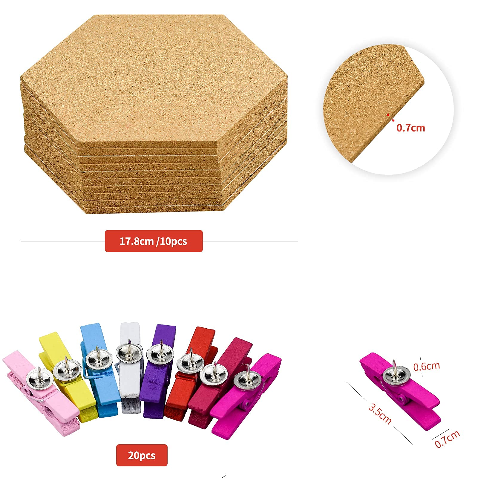 10 paneles de corcho autoadhesivos, tablón de anuncios de corcho hexagonal con 20 chinchetas para colgar fotos, decoración de pared