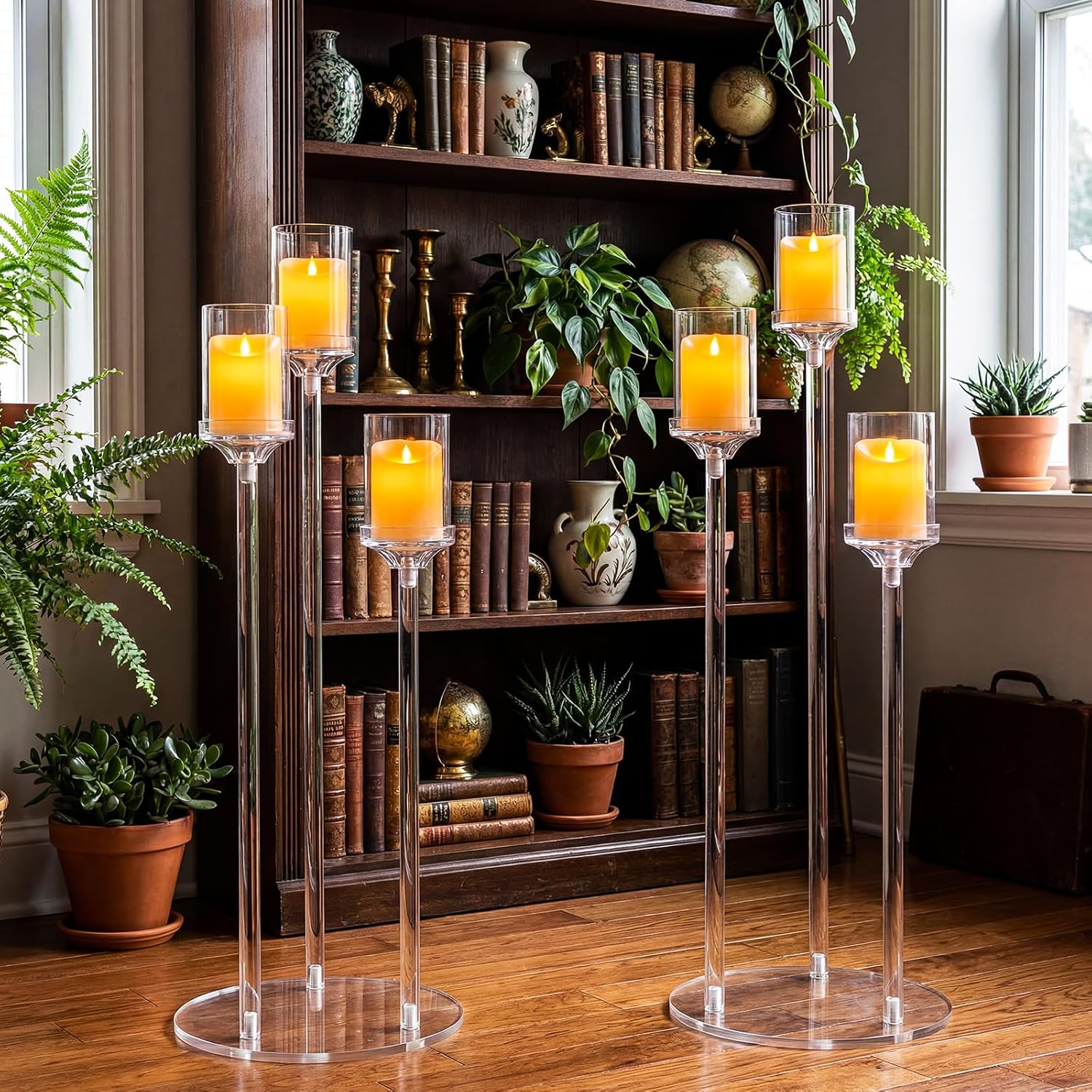 2 Pcs 3 Arms Acrylic Candelabras with Lampshade Set 30 Inch Wedding Table Candelabra Centerpieces Clear Candle Holder Candlestick Holder for Wedding Table Party Decor, Fit 3" LED Candle
