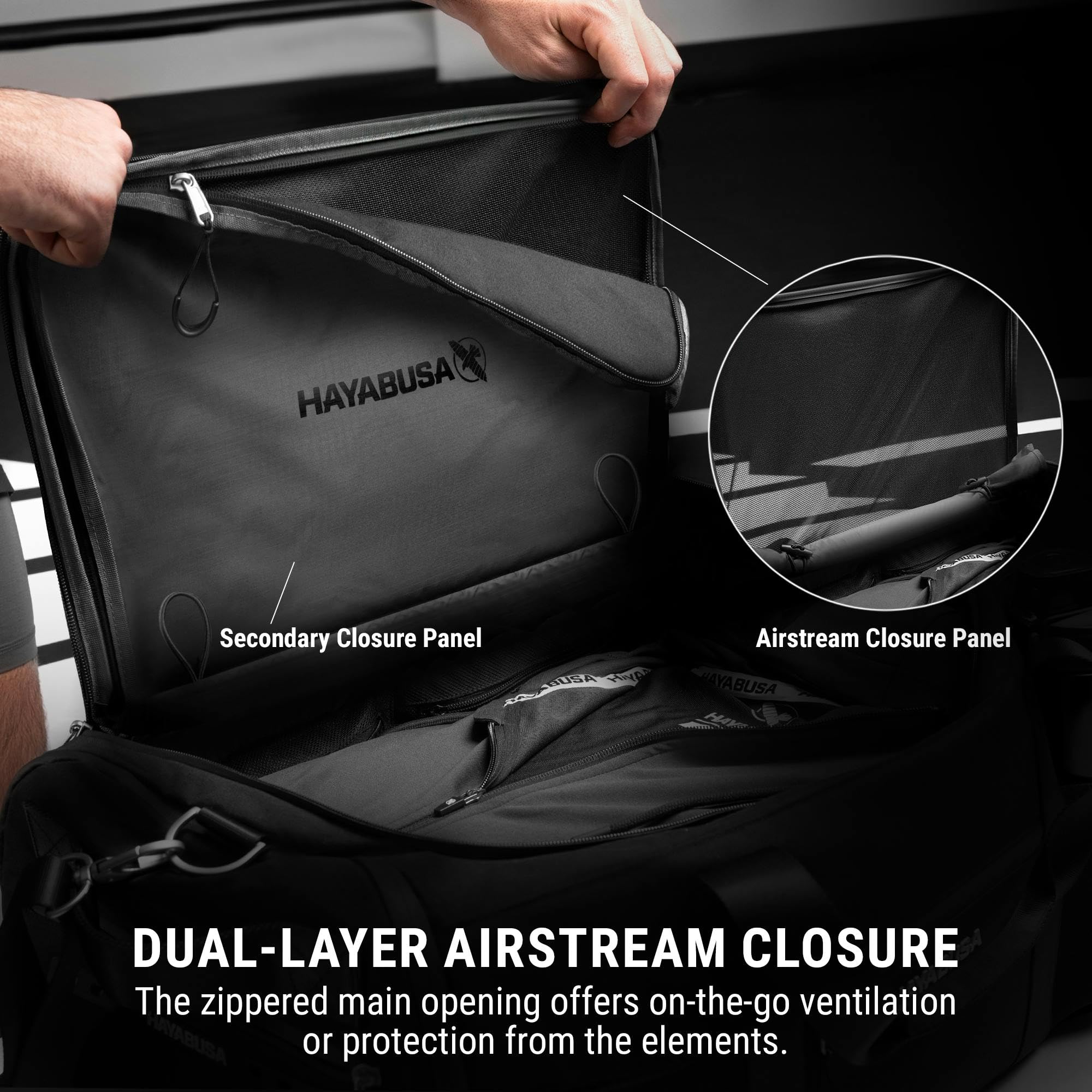 Hayabusa Airstream Bolsa de gimnasio negra 50 l 7 bolsillos con cremallera para viajes boxeo MMA BJJ kickboxing