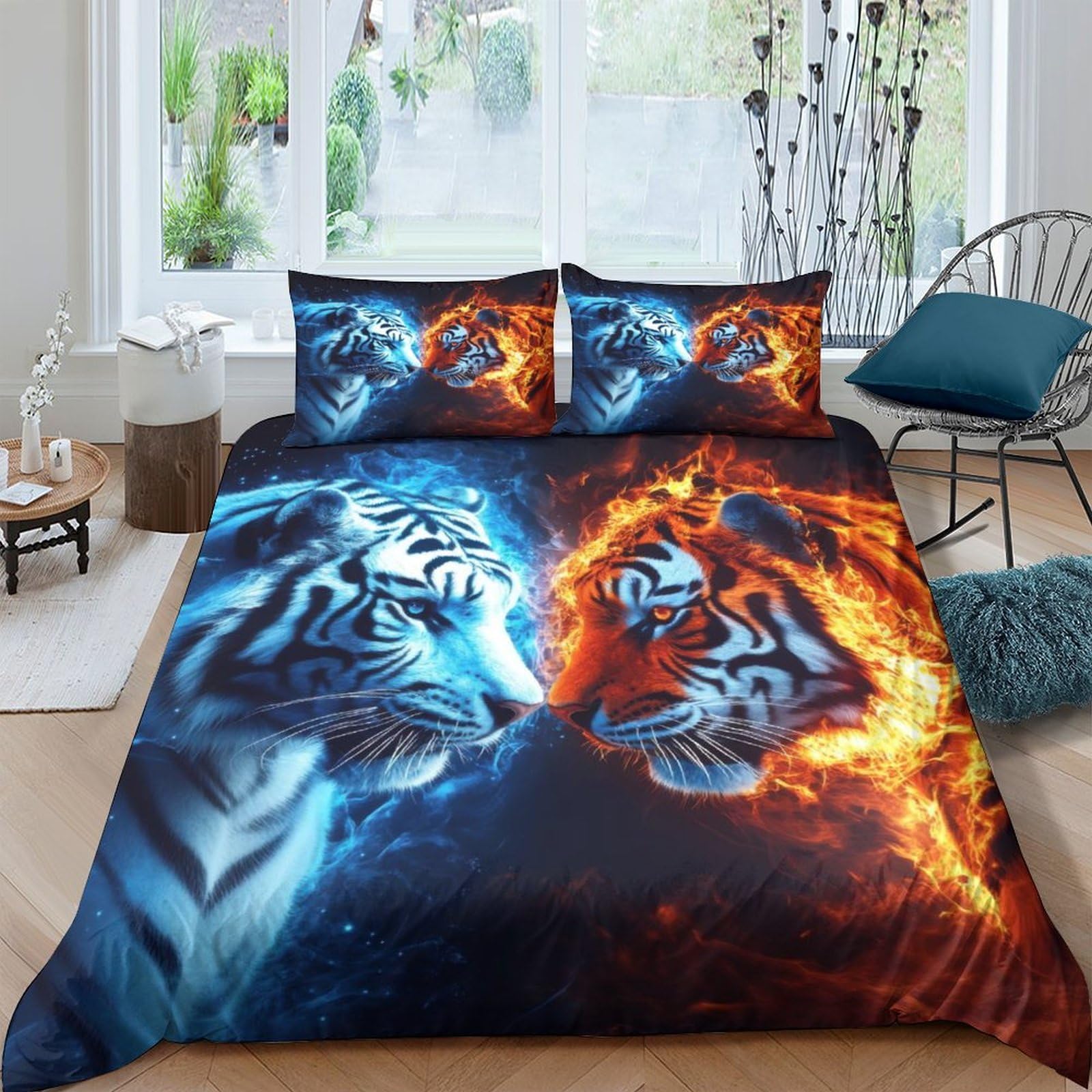 Ctjqhvkz Style-5 3D Printed Fire Tiger Fitted Sheet Microfiber Soft Ice Tiger Mattress Cover For Bedroom Dorm Mattress Protection Decor Single（135X200cm）