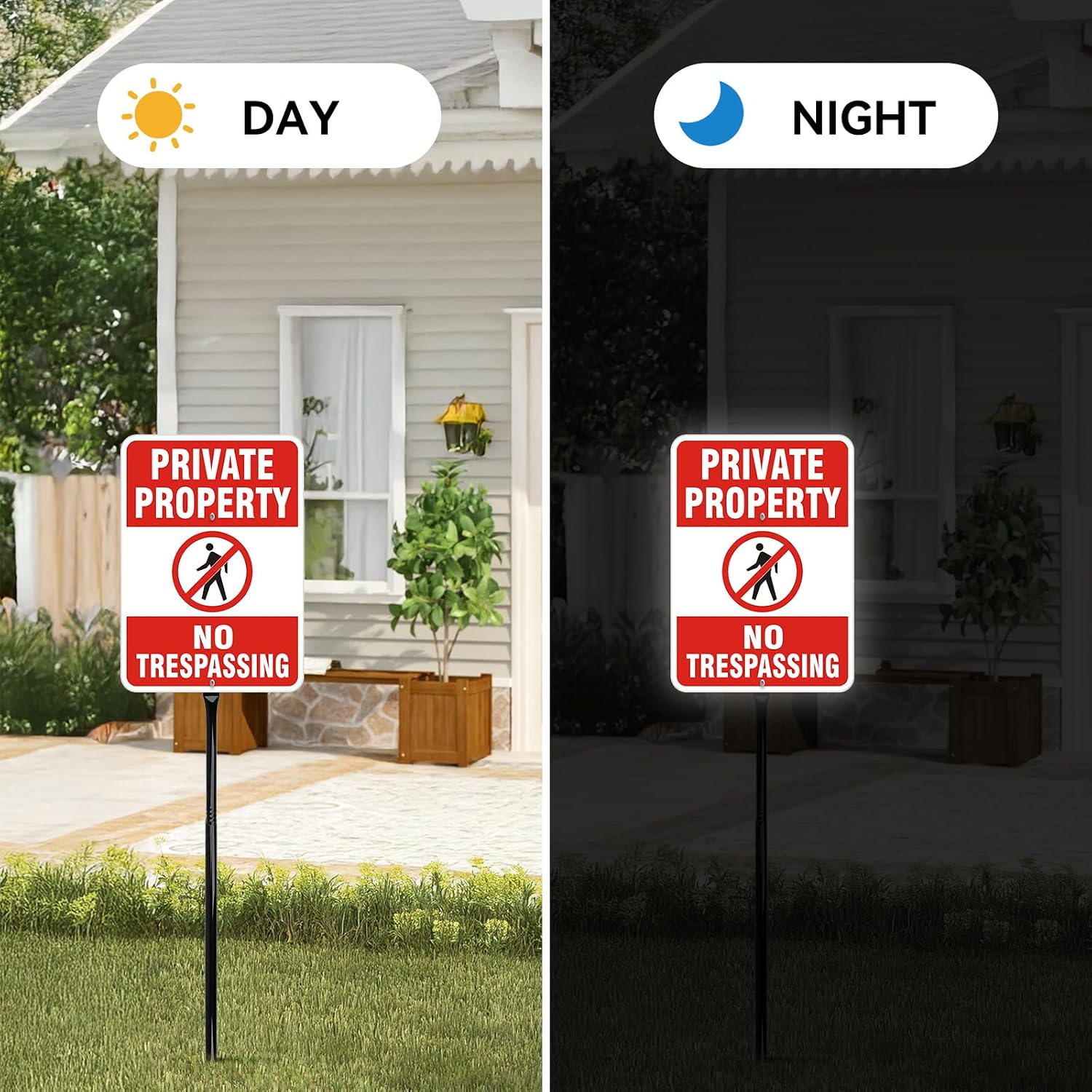 No Trespassing Sign Private Property with 36" Metal Stakes, 14" x 10" 2 Pack, 40 MIL Heavy Duty Reflective Aluminum, Weatherproof & Fade-Resistant for Outdoor Yard, Farm, Warehouse