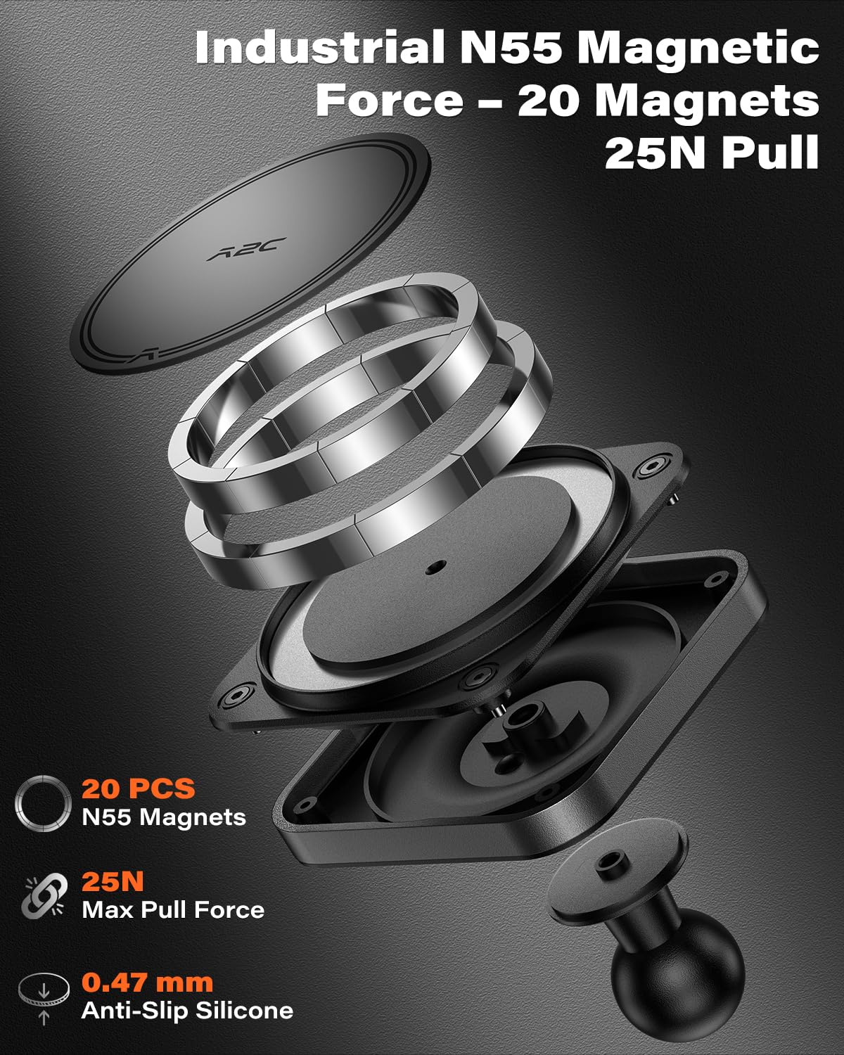 APPS2Car Soporte magnético resistente para teléfono | Brazo de aluminio | Imanes N55 de doble anillo | Se adapta a portavasos de 3 a 4 pulgadas, rótula de 20 mm | Compatible con MagSafe iPhone