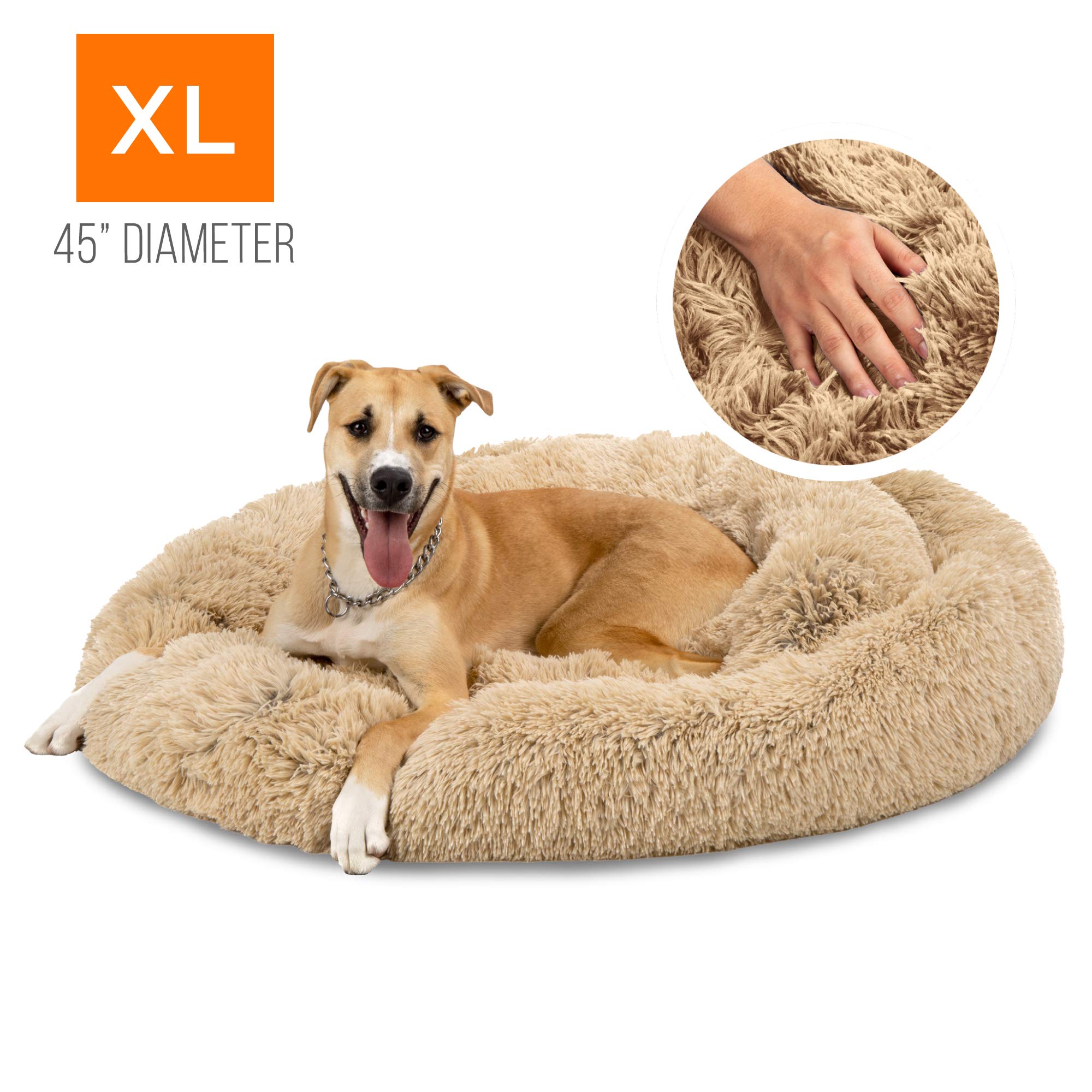 Best Choice Products45in Dog Bed Self-Warming Plush Shag Fur Donut Calming Pet Bed Cuddler w/Water-Resistant Lining, Raised Rim - Brown